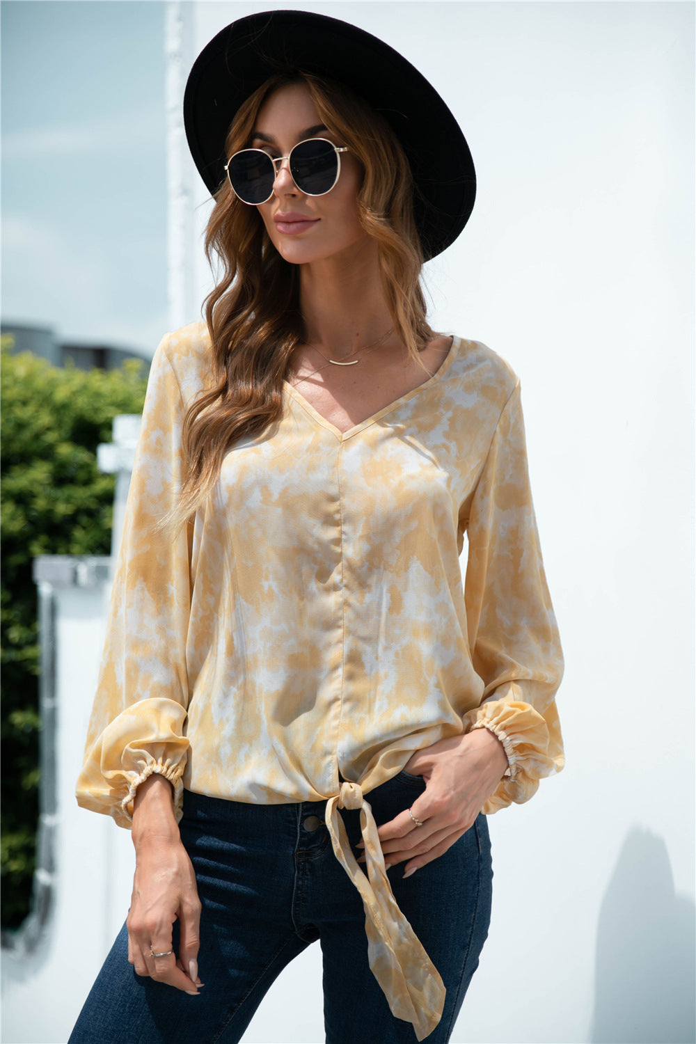 Tie-Dye Tied Balloon Sleeve Blouse in Light Yellow, view 3