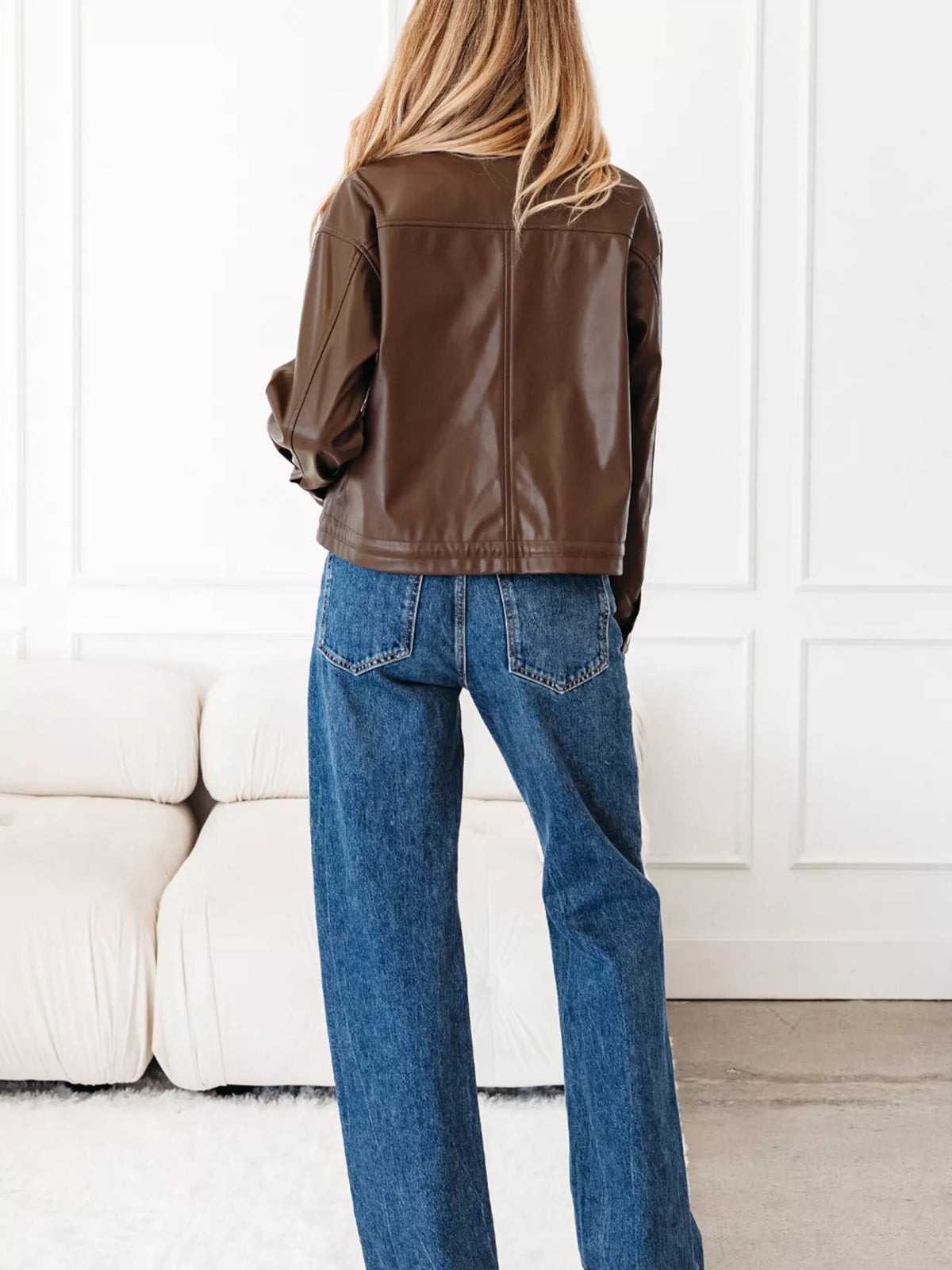 Double Flap Pocket Drawstring Hem Leather Jacket in Dark Brown, view 8