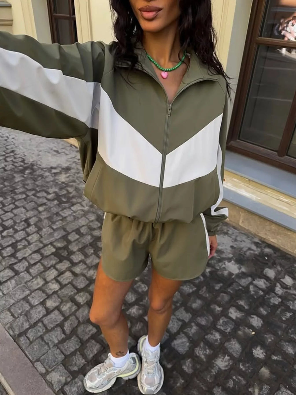 Color-Block Zip-Up Jacket and Shorts Set - Lilixa.store
