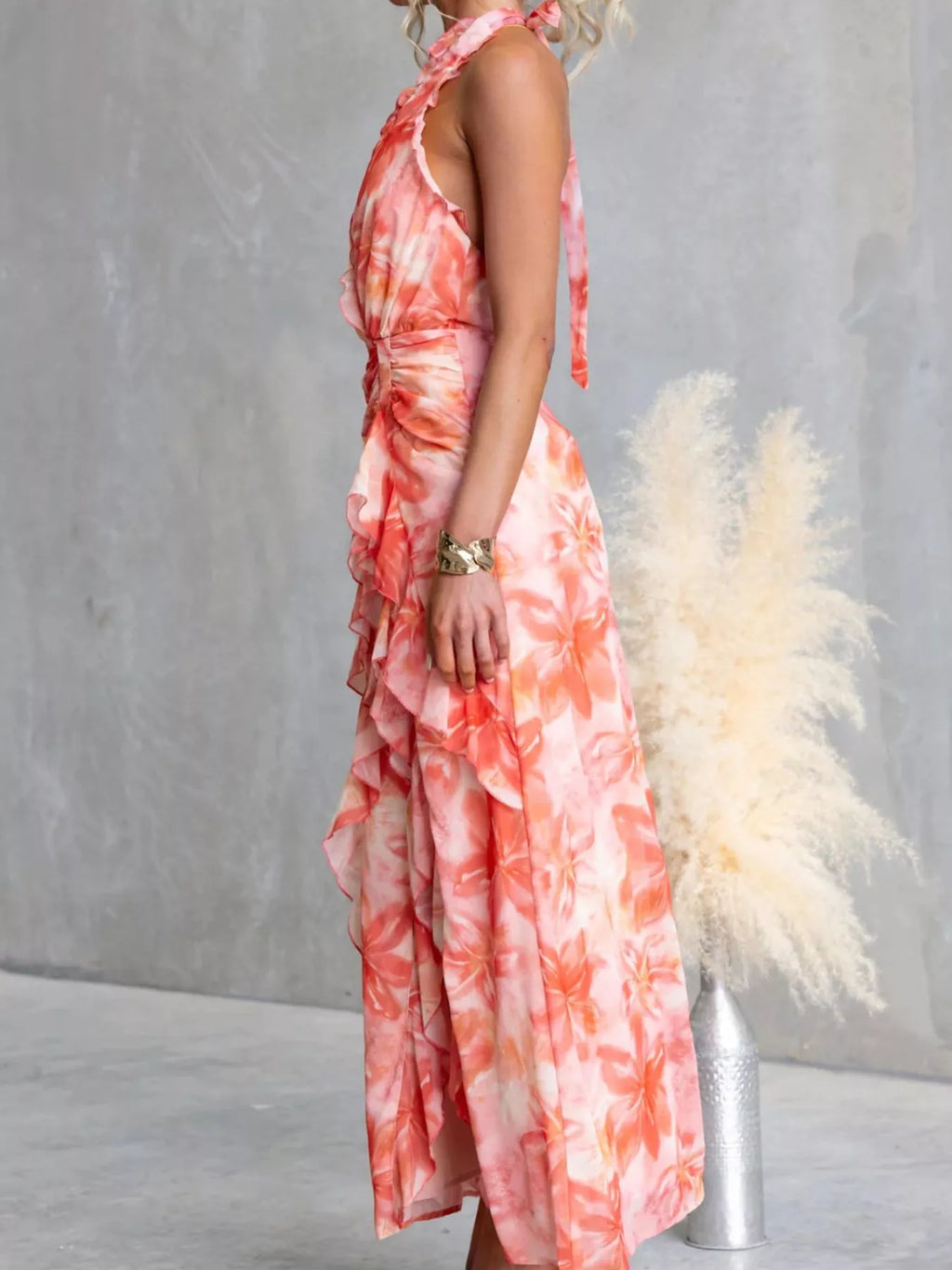 Floral Print Ruffle Halter Neck Maxi Dress - Lilixa.store