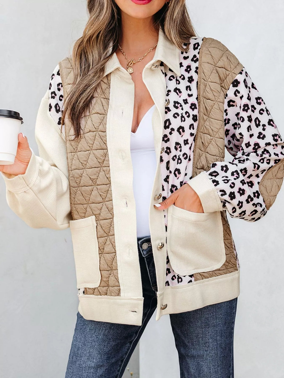 Leopard Waffle Quilted Patchwork Button Front Jacket in Camel, view 2