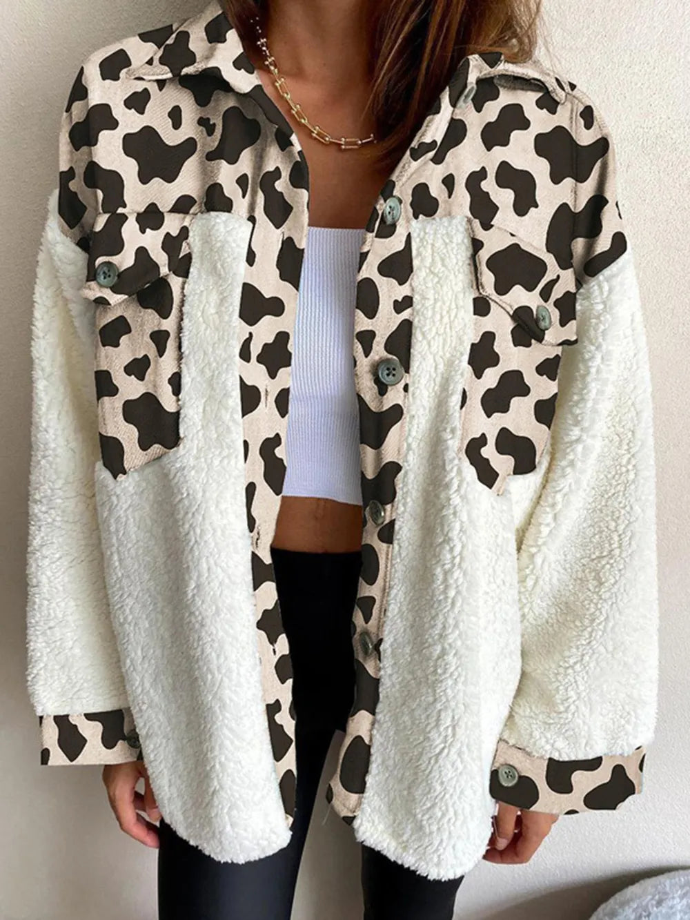 Fuzzy Button Up Long Sleeve Jacket in Cream