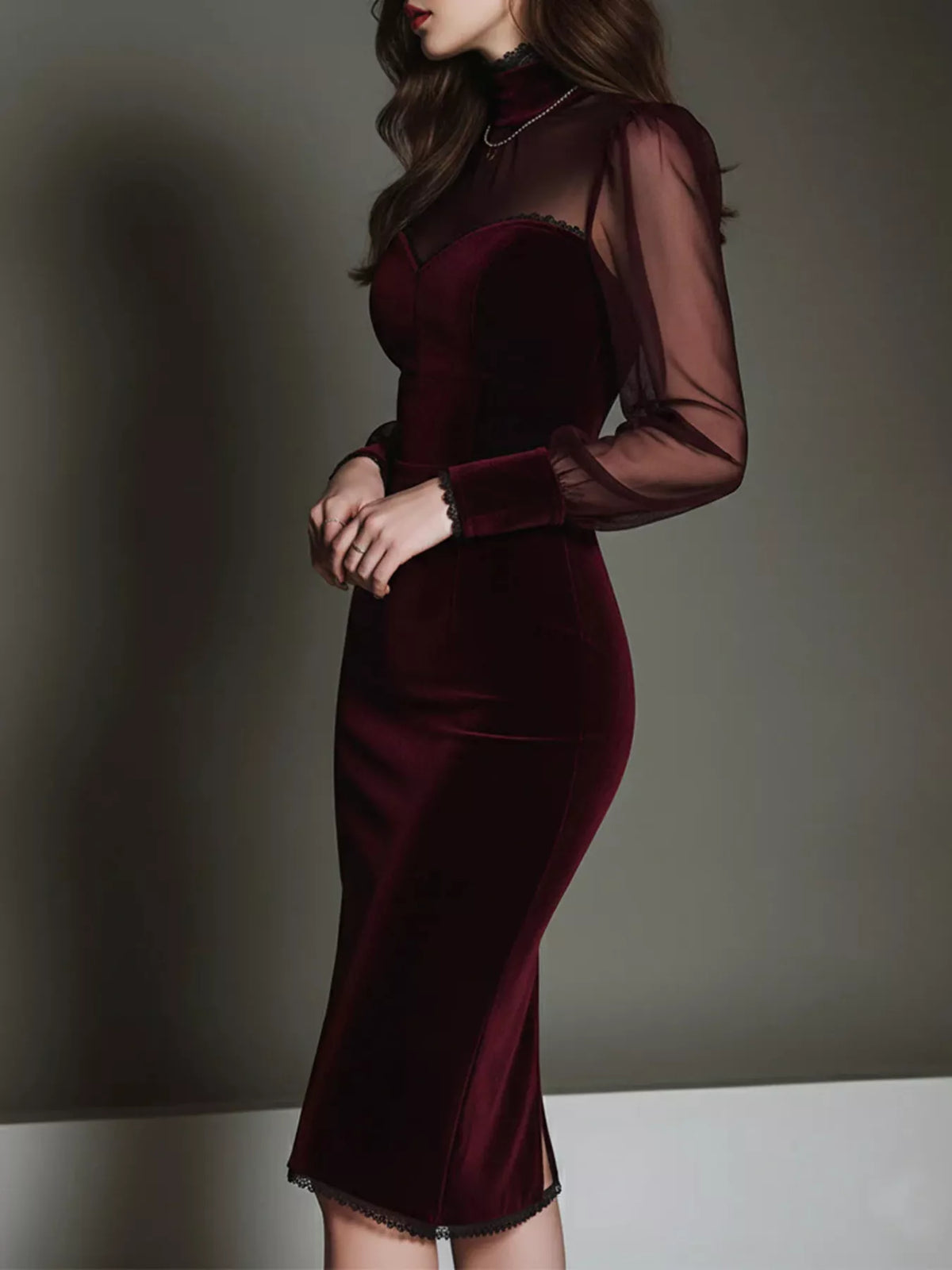 Velvet Bodycon Dress with Sheer Mesh Sleeves - Lilixa.store