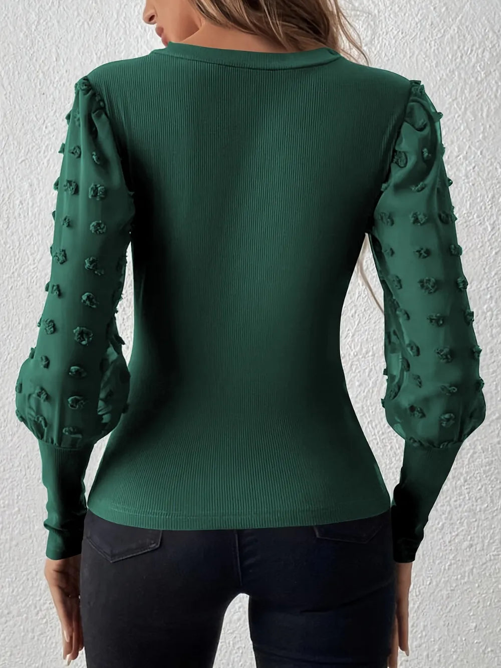 Swiss Dot V-Neck Long Sleeve Top - Lilixa.store