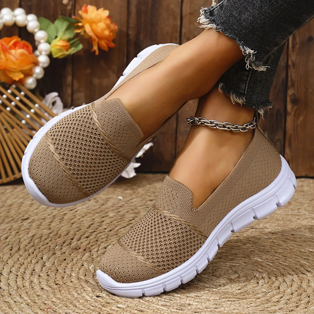 Breathable Mesh Athletic Slip-Ons in Khaki