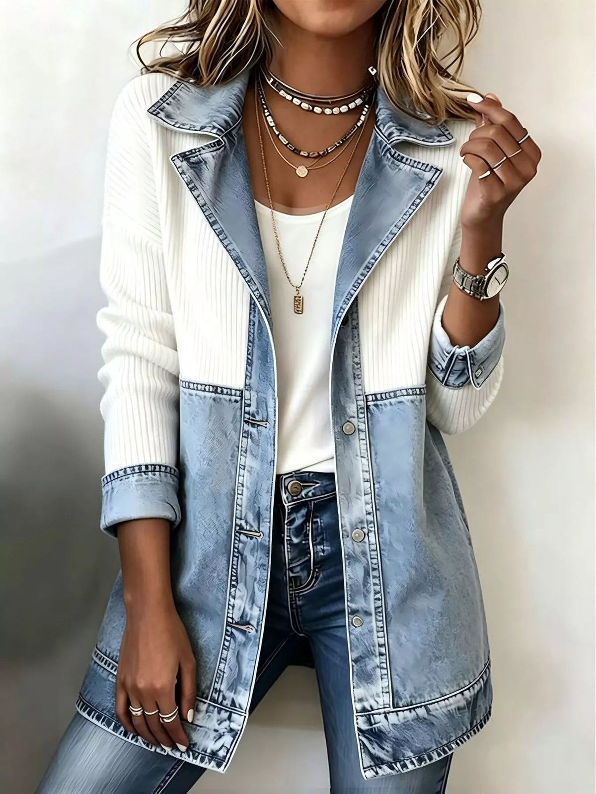 Color-Block Denim and Knit Patchwork Casual Jacket - Lilixa.store