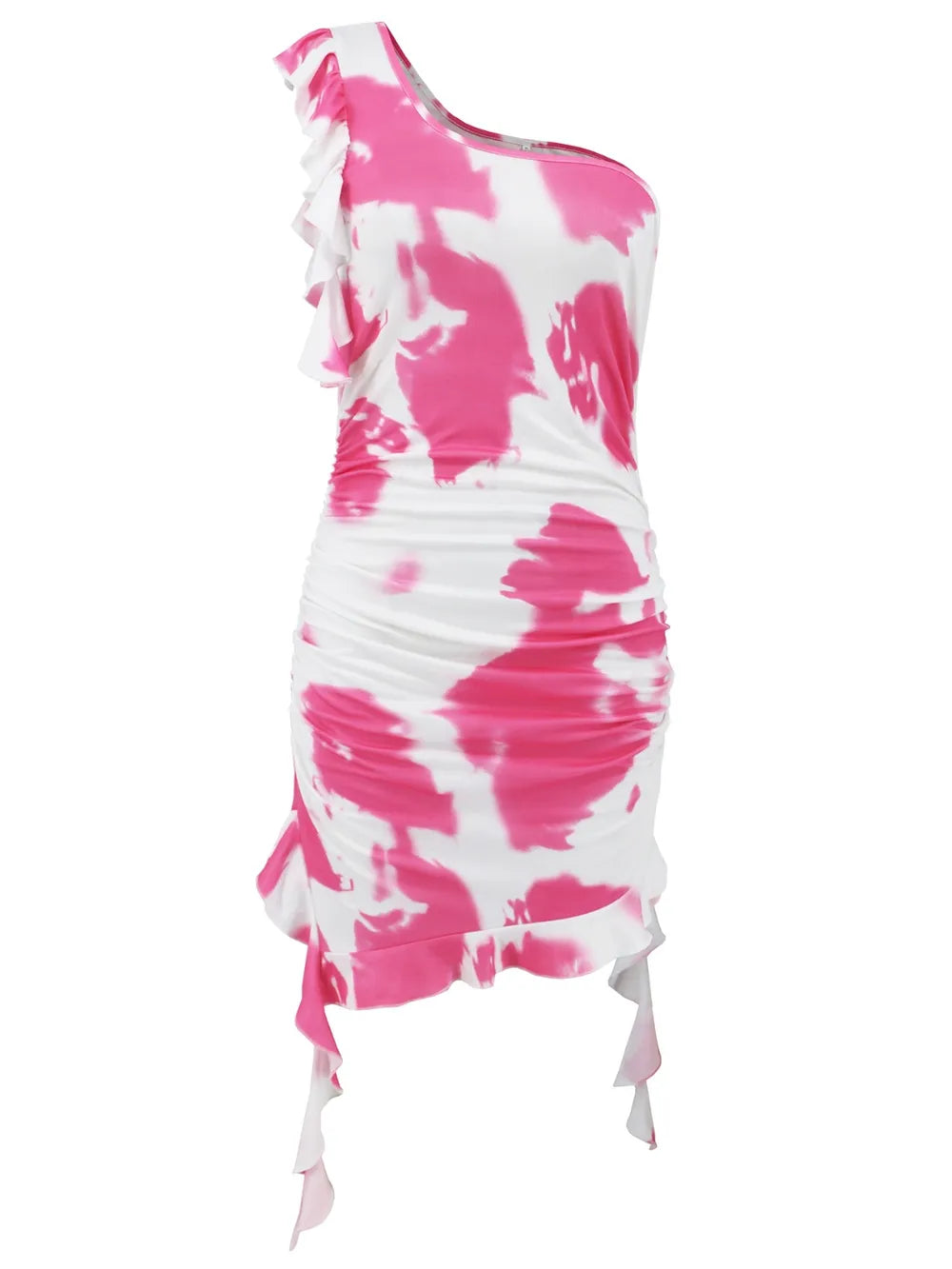 Ruffled Tie-Dye Single Shoulder Mini Dress - Lilixa.store