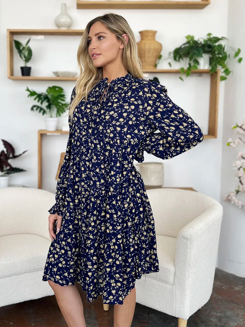 Double Take Full Size Printed Ruffle Hem Long Sleeve Tiered Dress - Lilixa.store