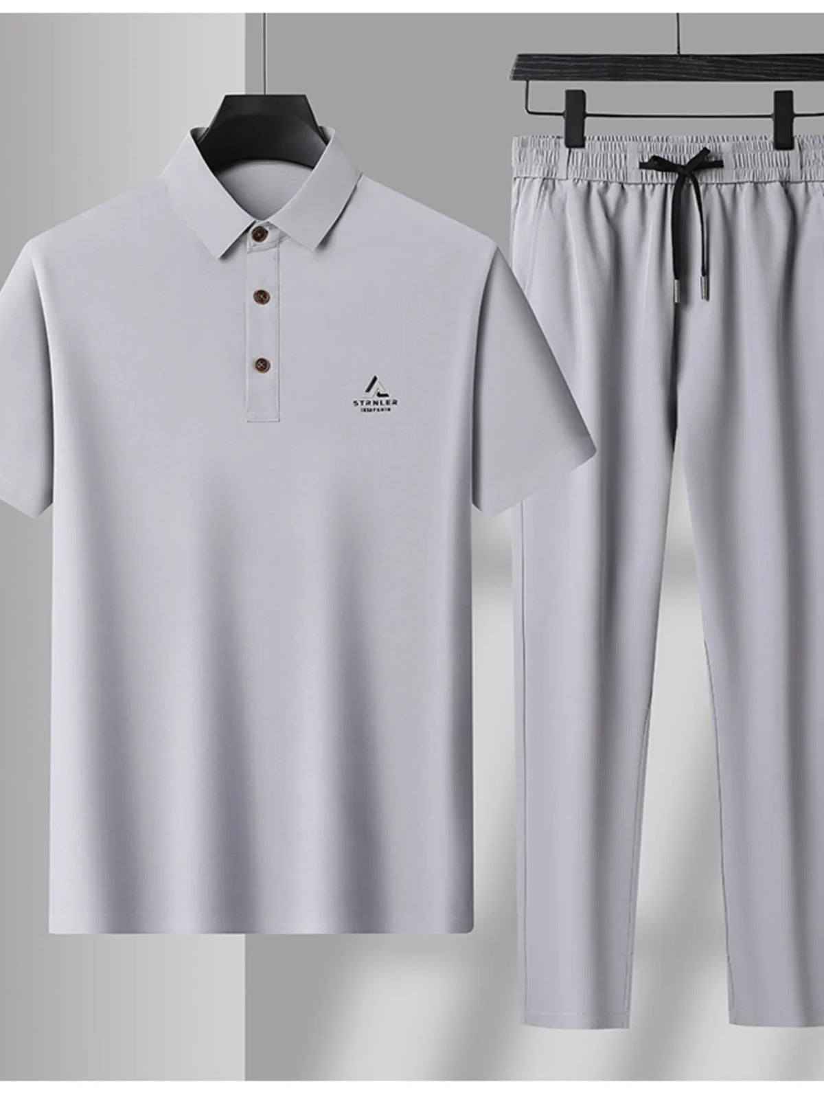 Men's Plus Size Button Detail Short Sleeve Polo and Pants Set in Light Gray