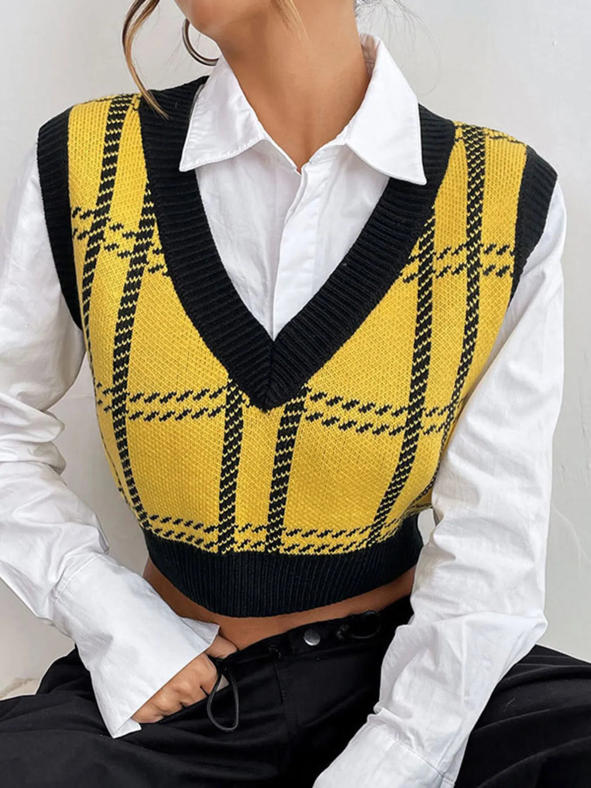 Plaid V-Neck Cropped Sweater Vest in Yellow, view 2