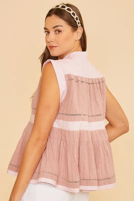 Annie Wear Contrast Trim Peplum Button Detail Blouse - Lilixa.store