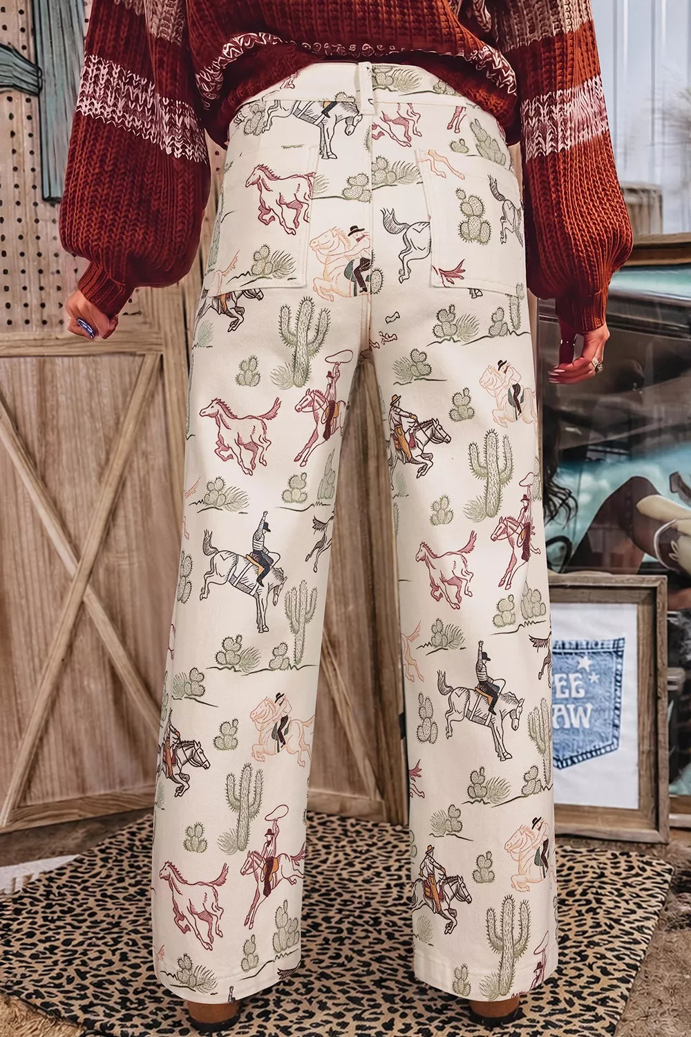 Western Print Straight Leg Ankle-Length Pocket Jeans