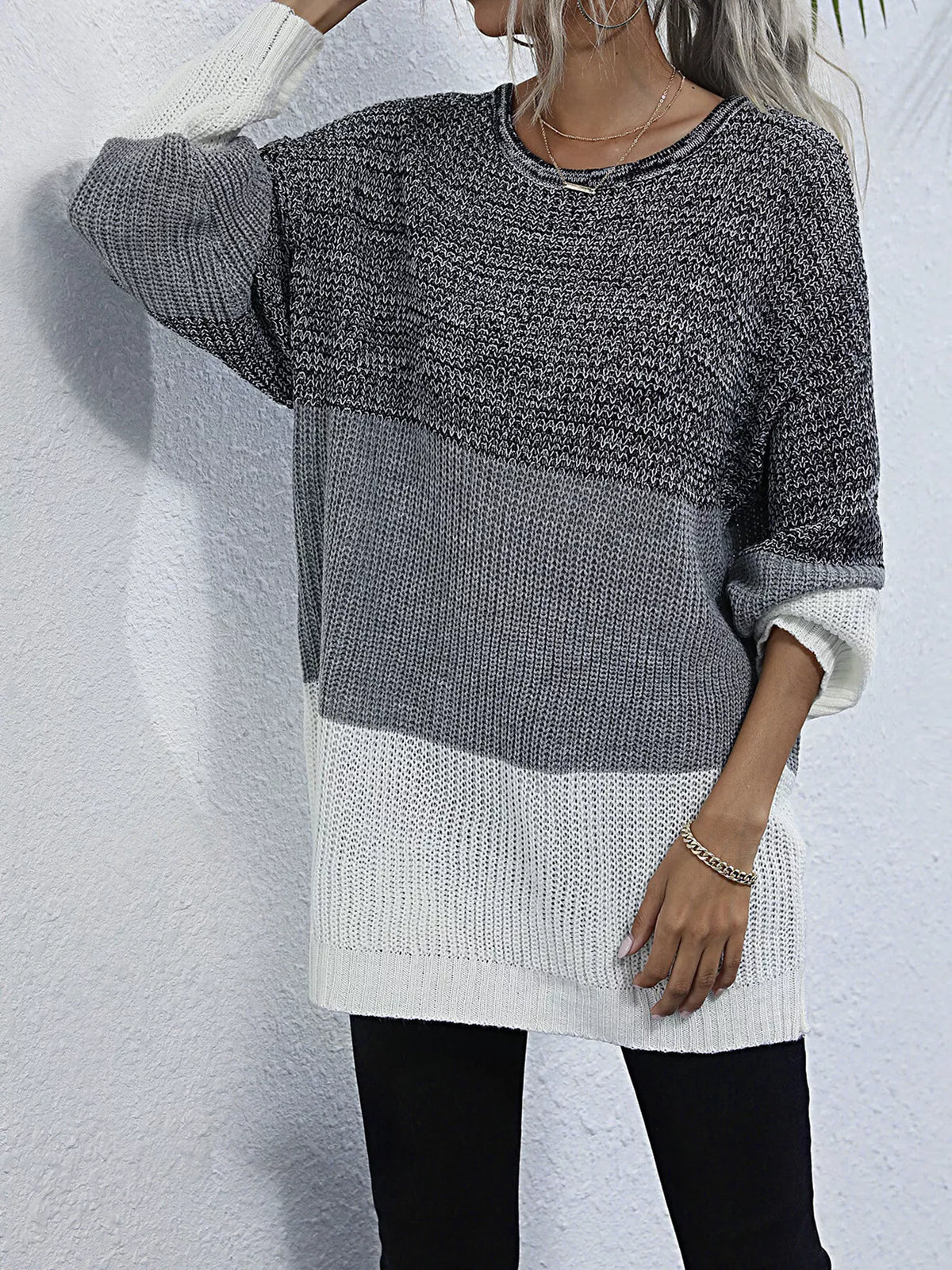Color Block Round Neck Oversized Sweater - Lilixa.store