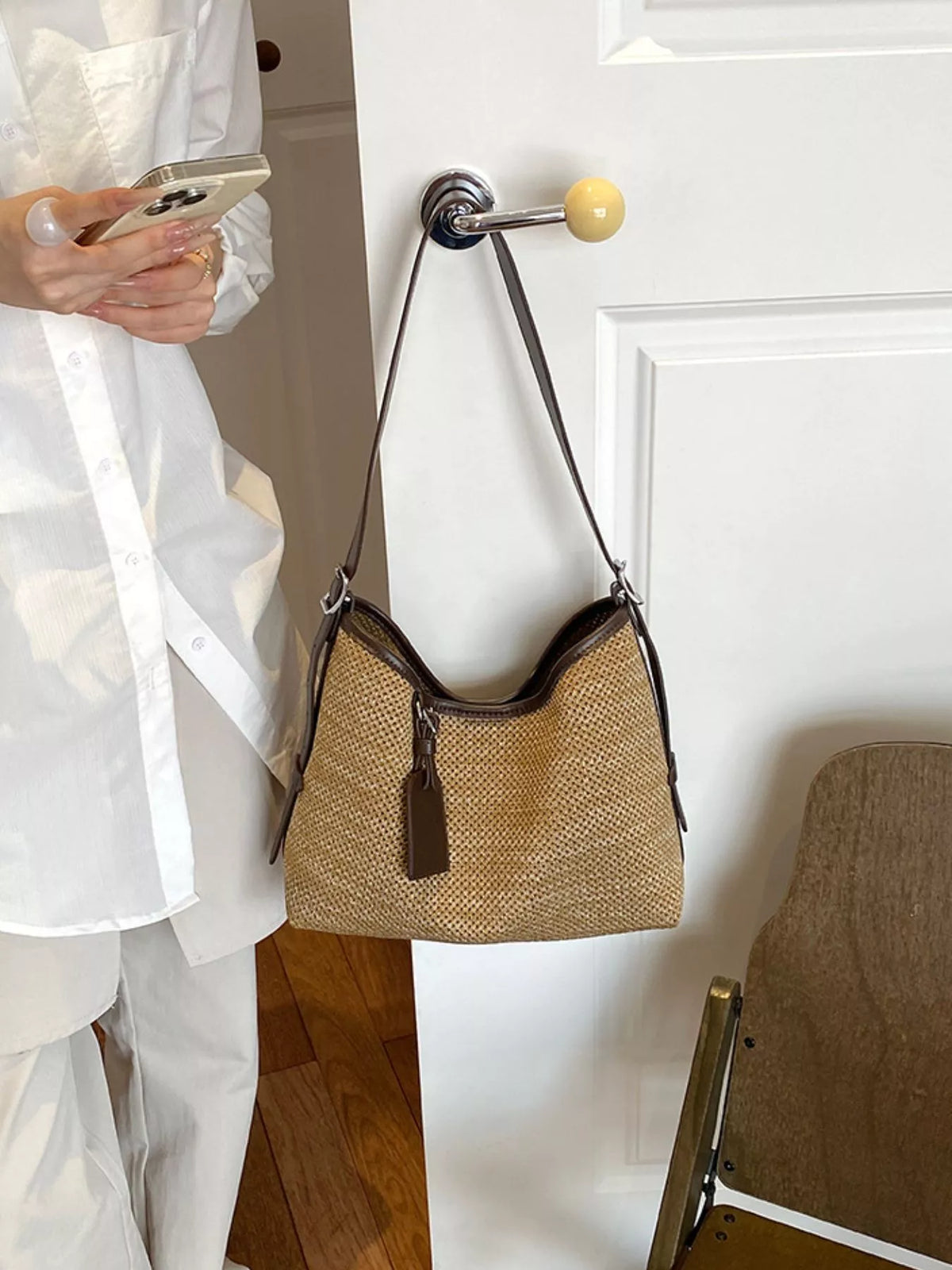 Leather Trim Woven Shoulder Bag - Lilixa.store