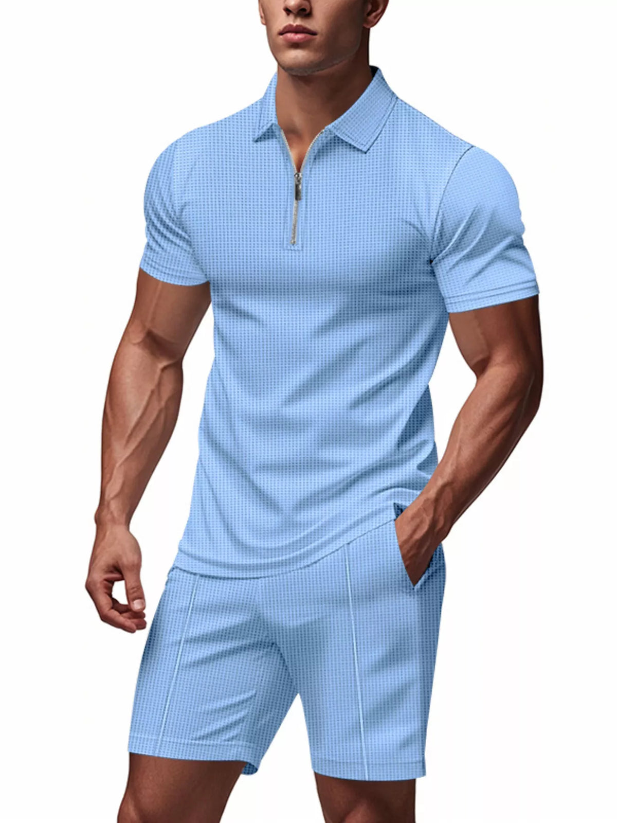 Men's Plus Size Quarter Zipper Polo Shirt and Shorts Set