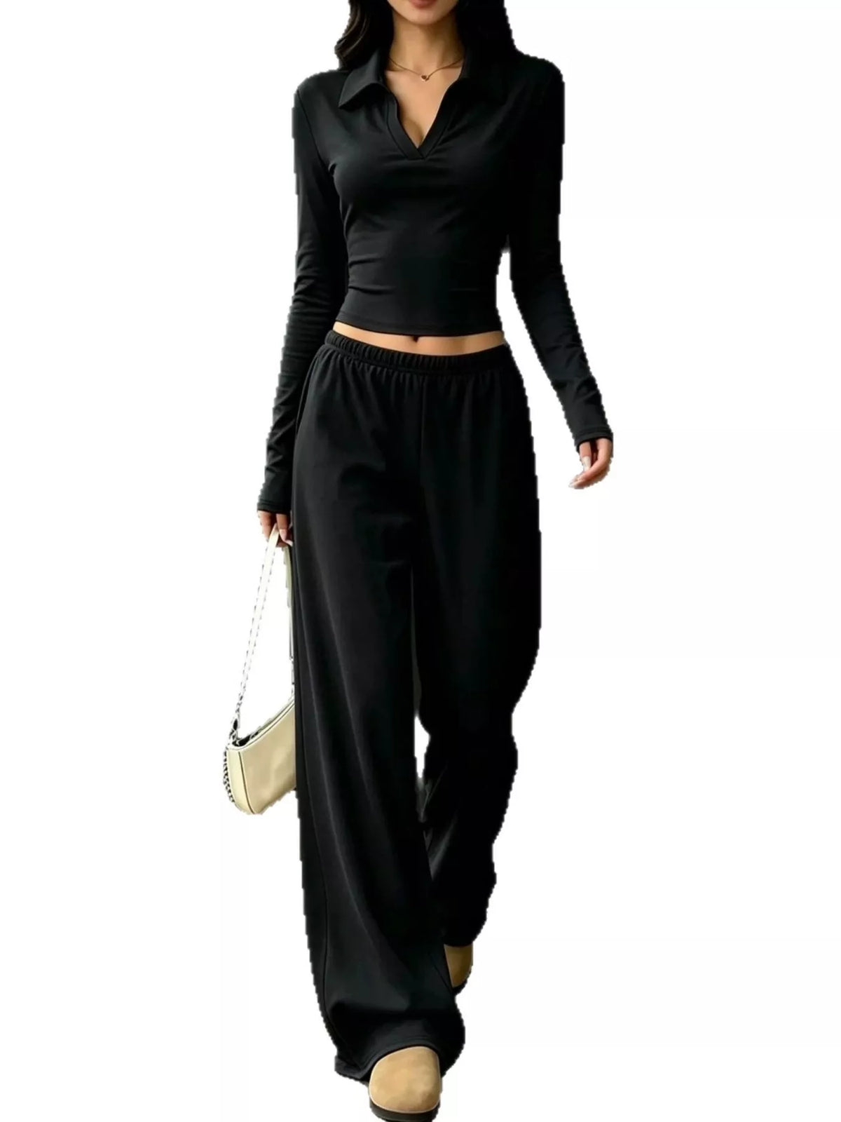 Solid Color Long Sleeve Polo Collar Top and Wide Leg Pants Set - Lilixa.store