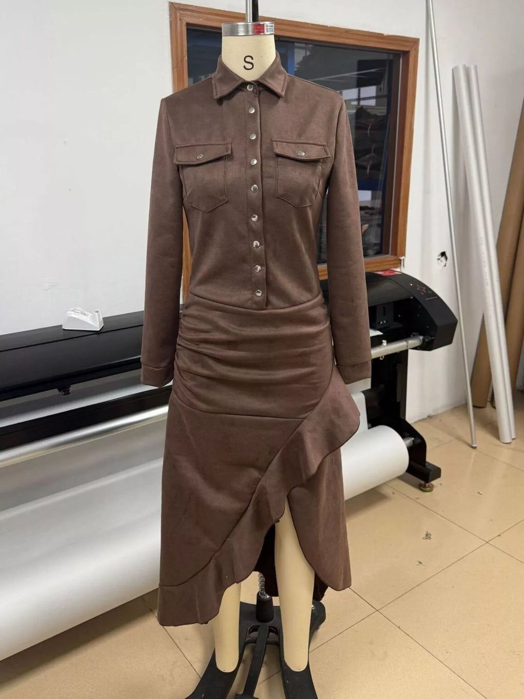 Button Front High-Low Maxi Dress in Dark Brown, view 2