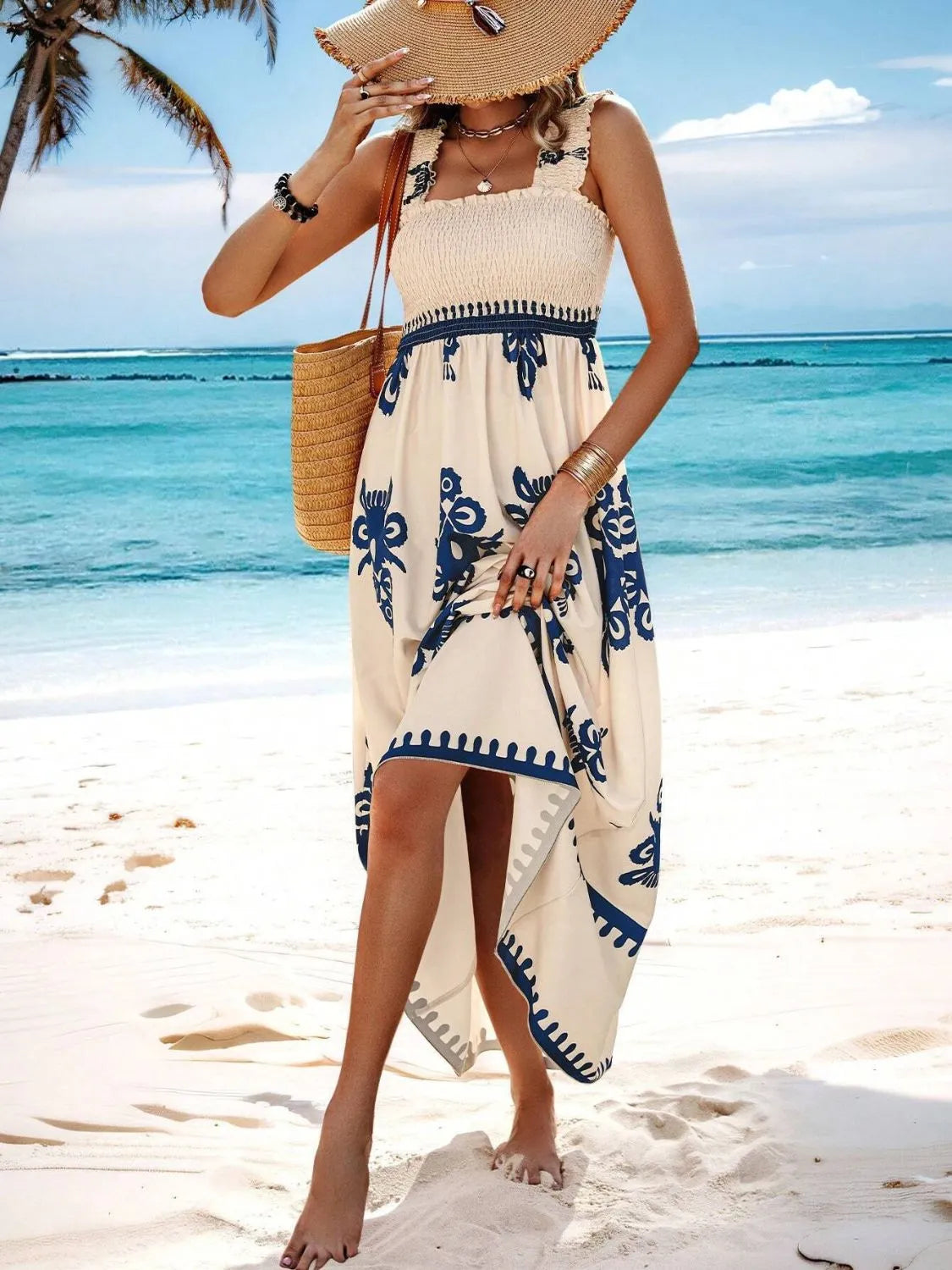 Smocked Printed Wide Strap Maxi Dress, view 13