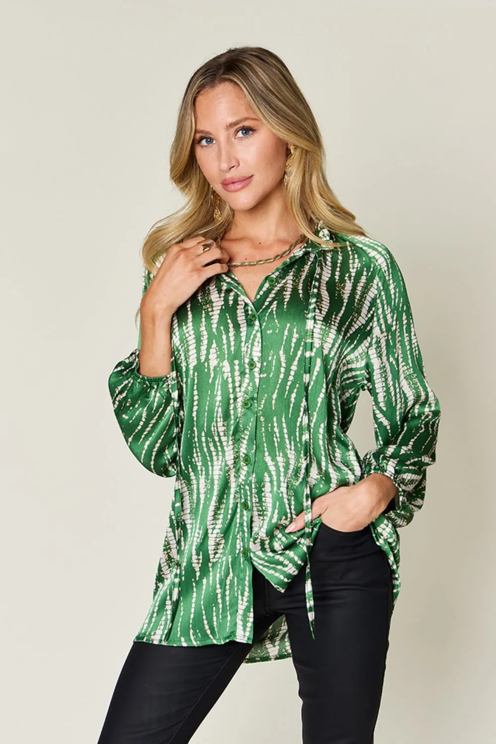 Double Take Full Size Printed Button Up Long Sleeve Shirt - Lilixa.store