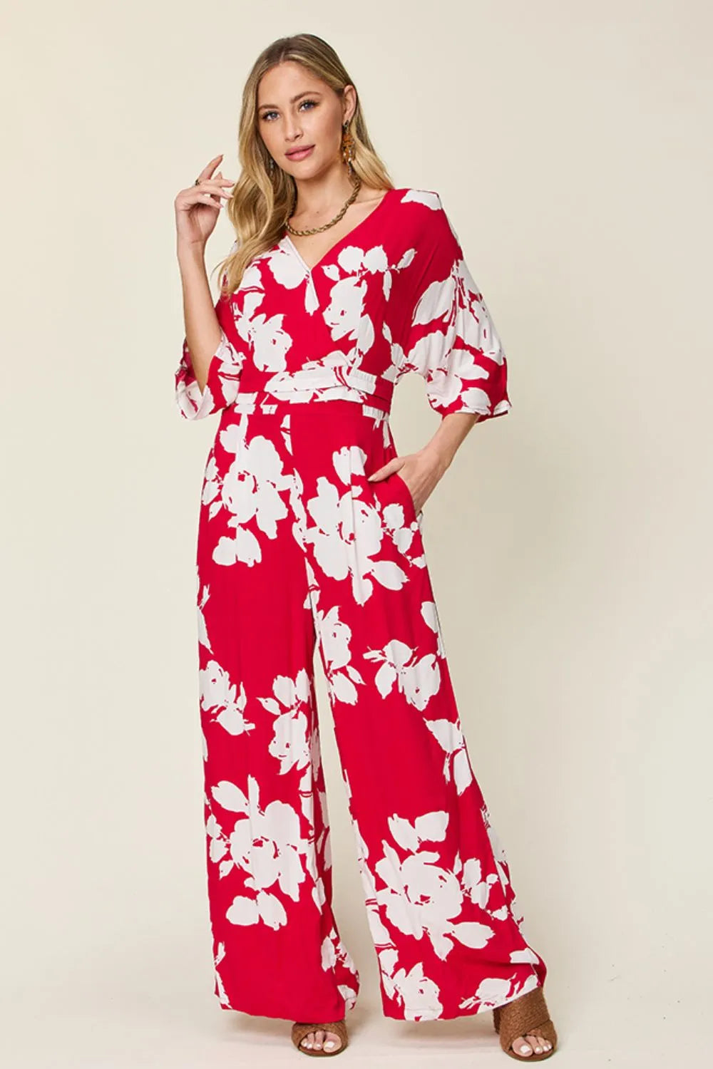 Double Take Full Size Printed Tie Back Wide Leg Jumpsuit - Lilixa.store