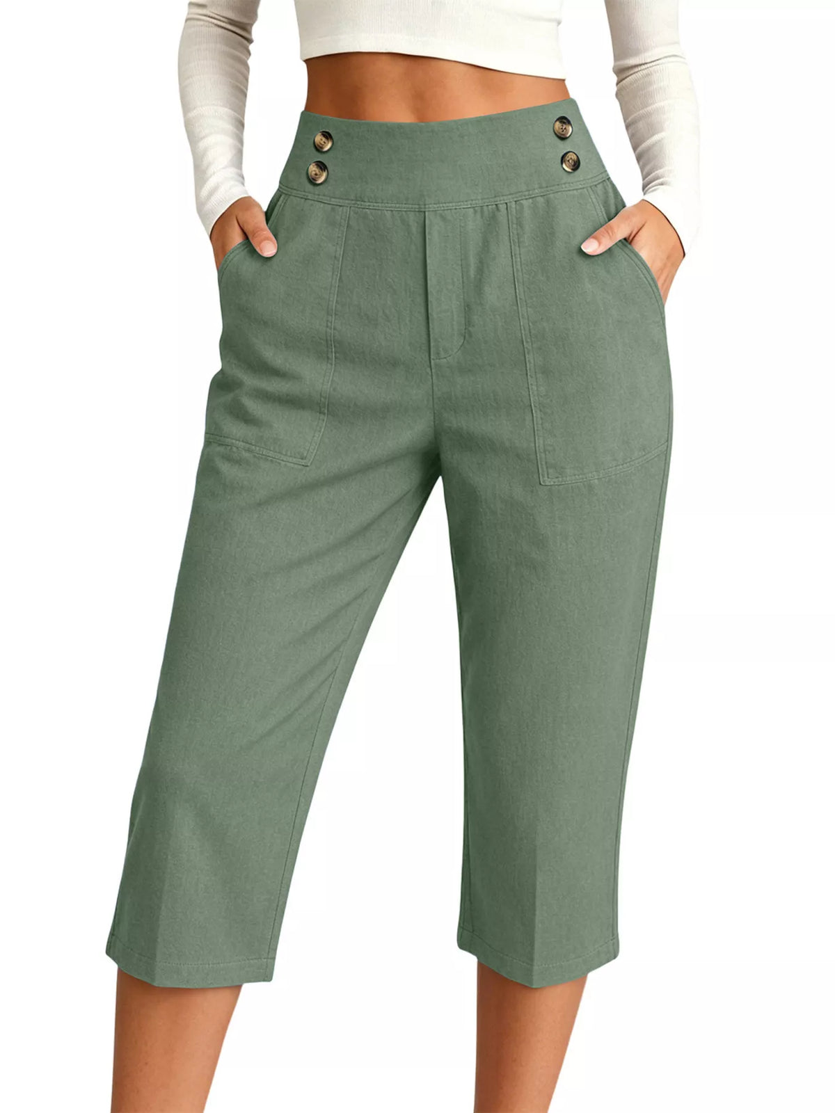 Full Size High-Waisted Button-Detail Cropped Pants Plus Size in Sage