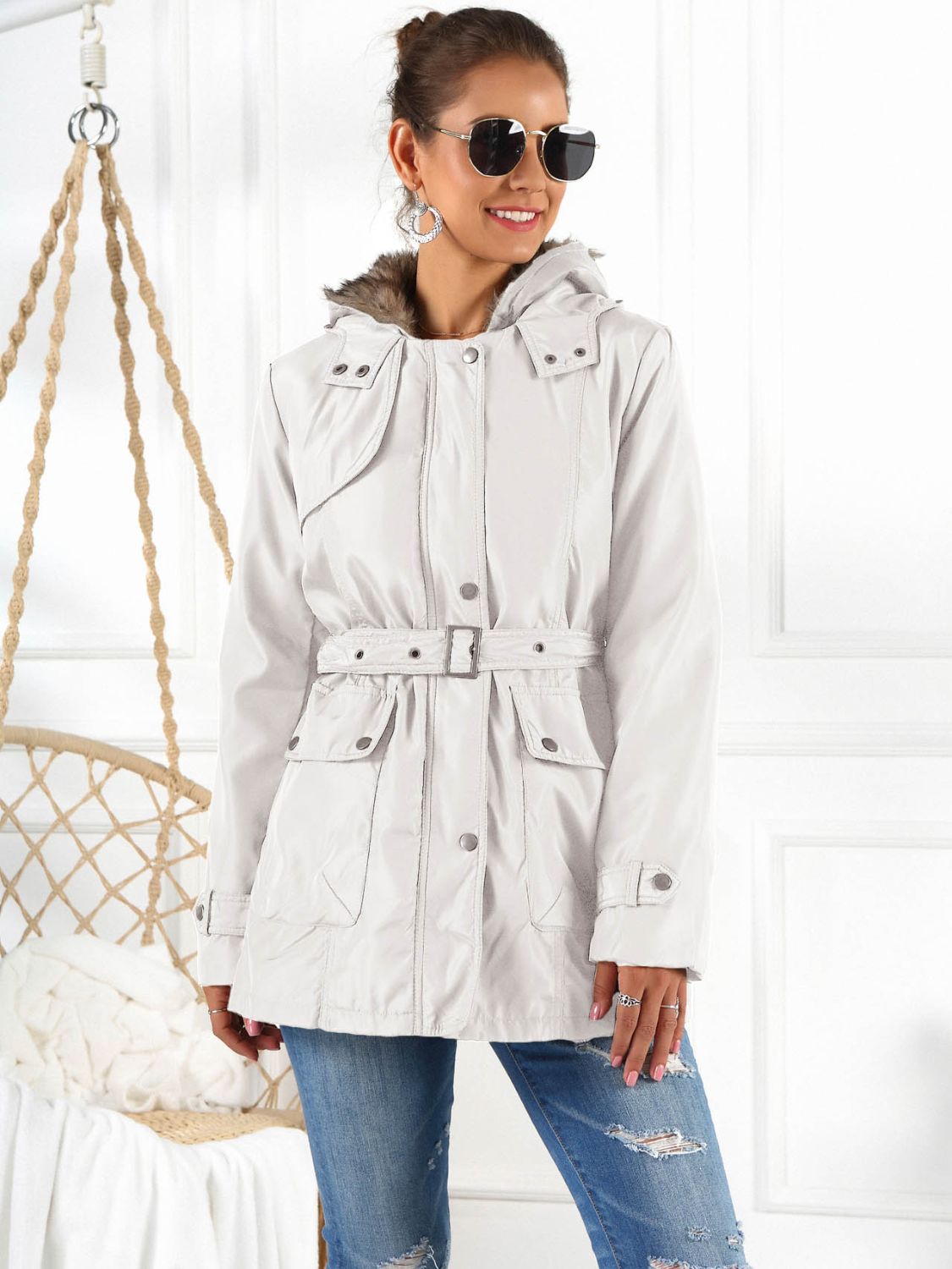 Ivy Lane Full Size Hooded Jacket with Detachable Liner (Three-Way Wear) in White