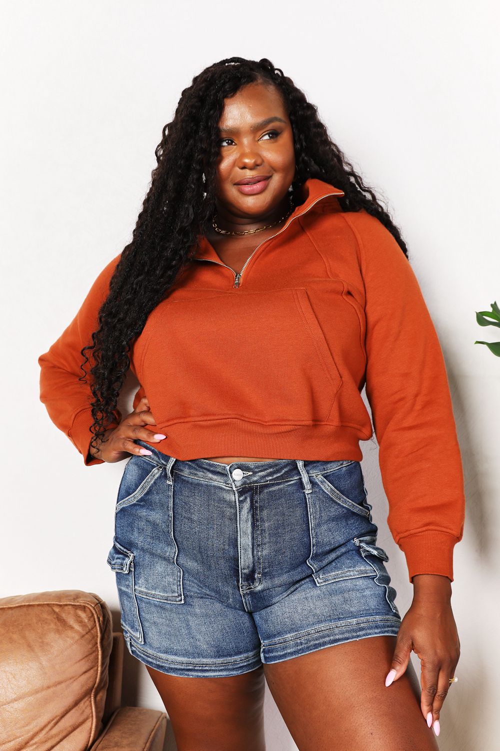 Double Take Half-Zip Long Sleeve Cropped Hoodie - Lilixa.store