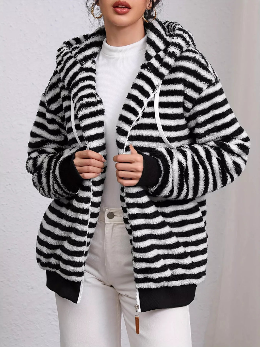 Striped Plush Zip-Up Hooded Outerwear - Lilixa.store