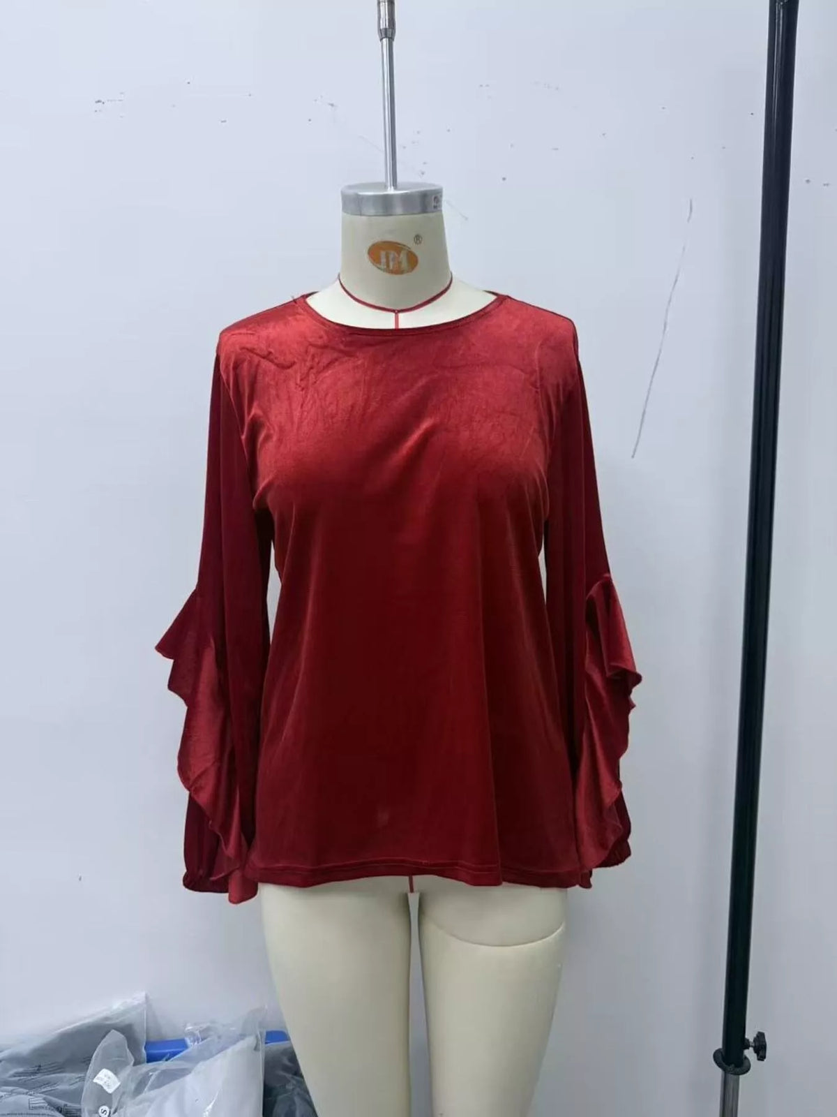 Velvet Round Neck Ruffle Sleeve Top
