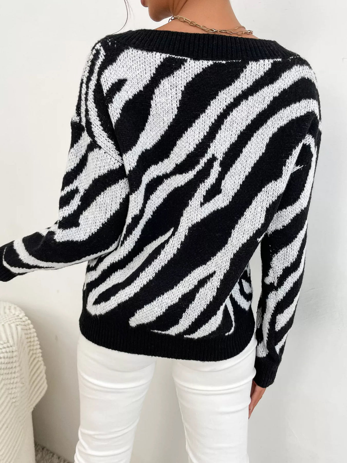 Zebra Print Relaxed Fit Pullover Sweater - Lilixa.store