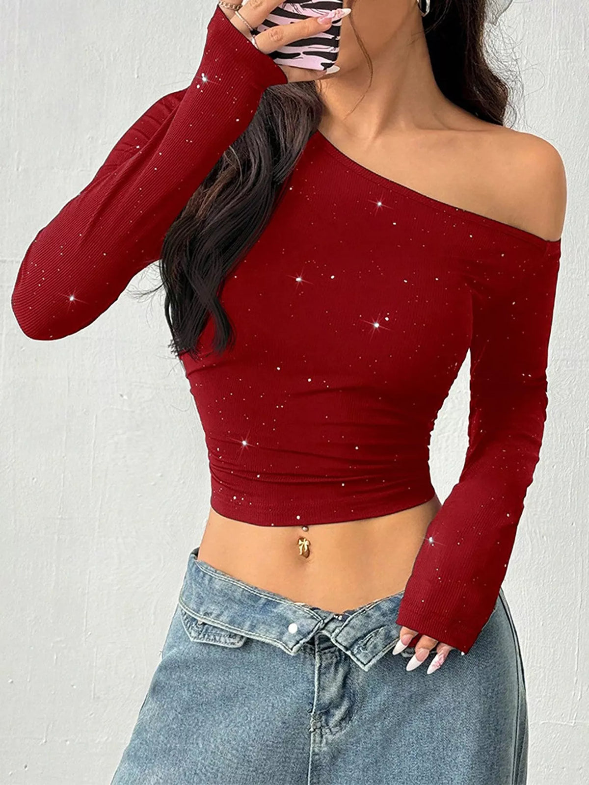 Glitter One-Shoulder Long Sleeve Crop T-Shirt, view 7
