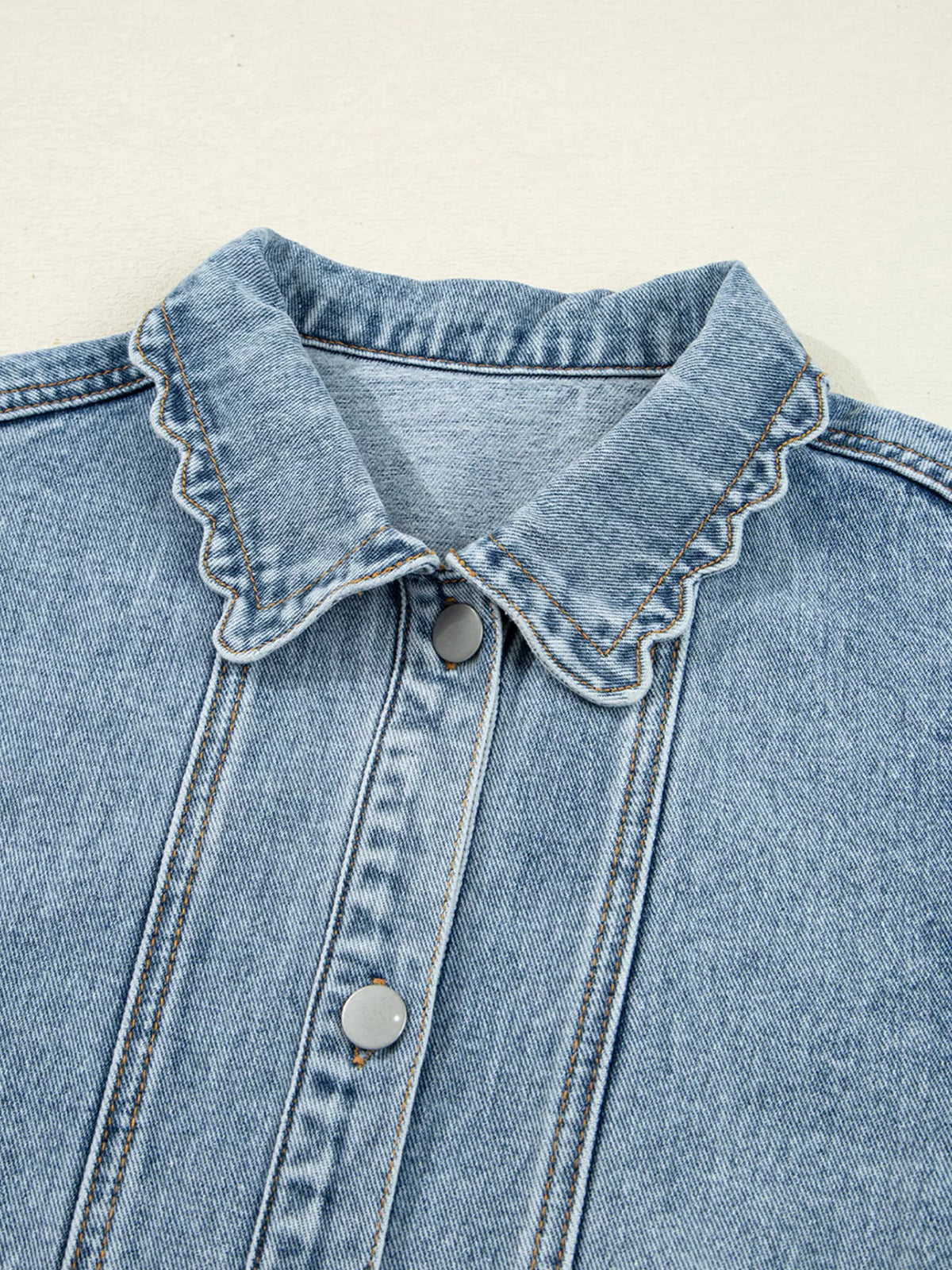 Scallop Trim Collar Patched Pocket Button Up Denim Jacket, view 7