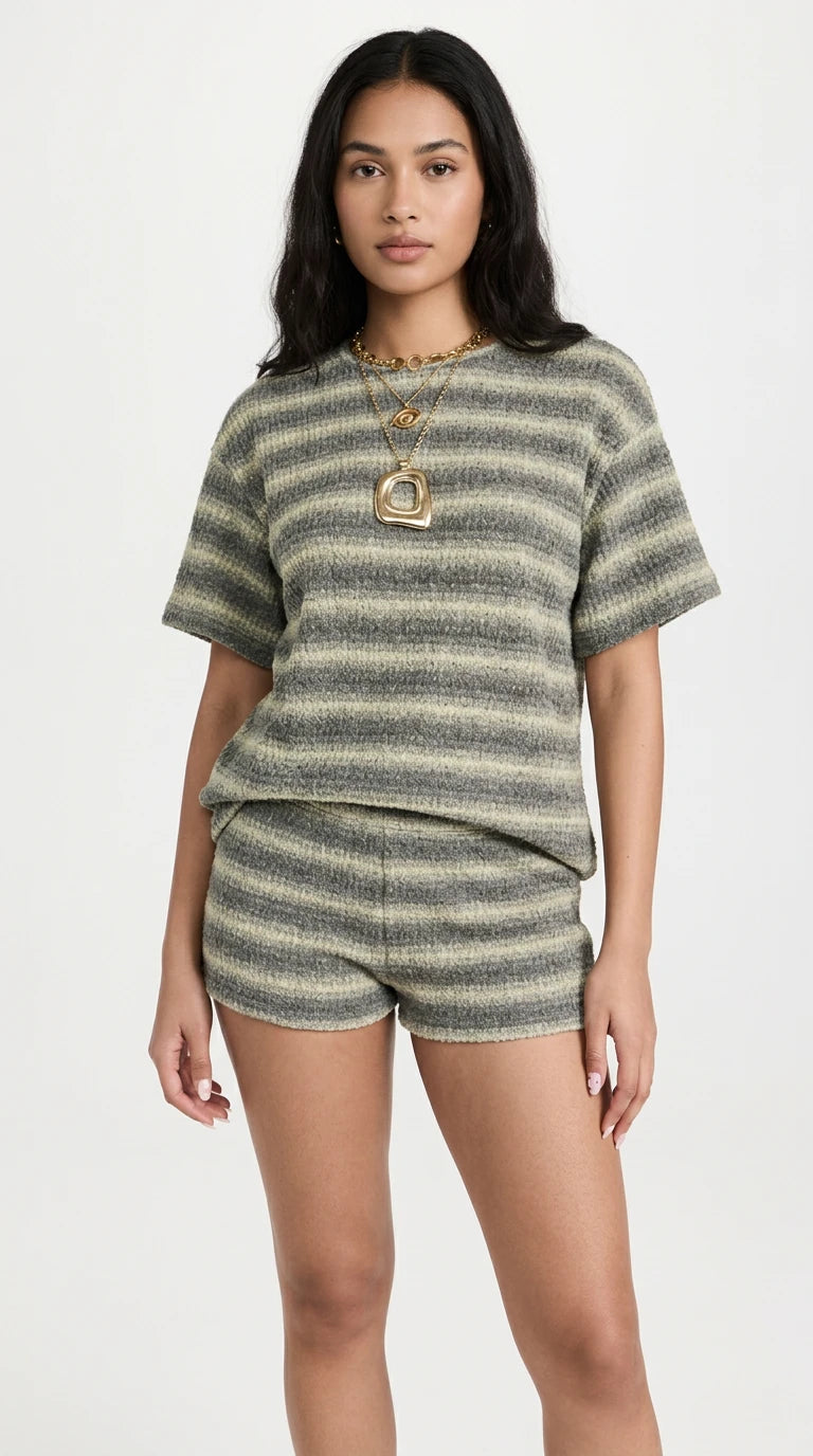 Striped Textured Knit Top and Shorts Set in Green
