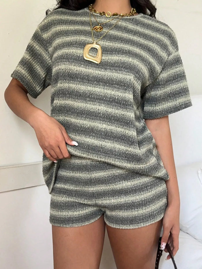 Striped Textured Knit Top and Shorts Set in Green