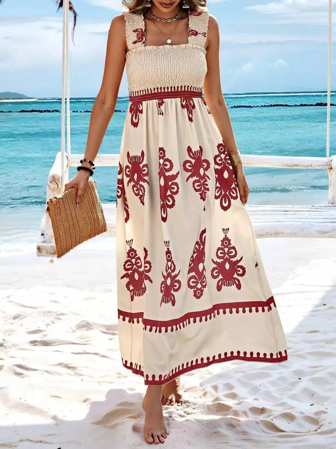 Smocked Printed Wide Strap Maxi Dress, view 23