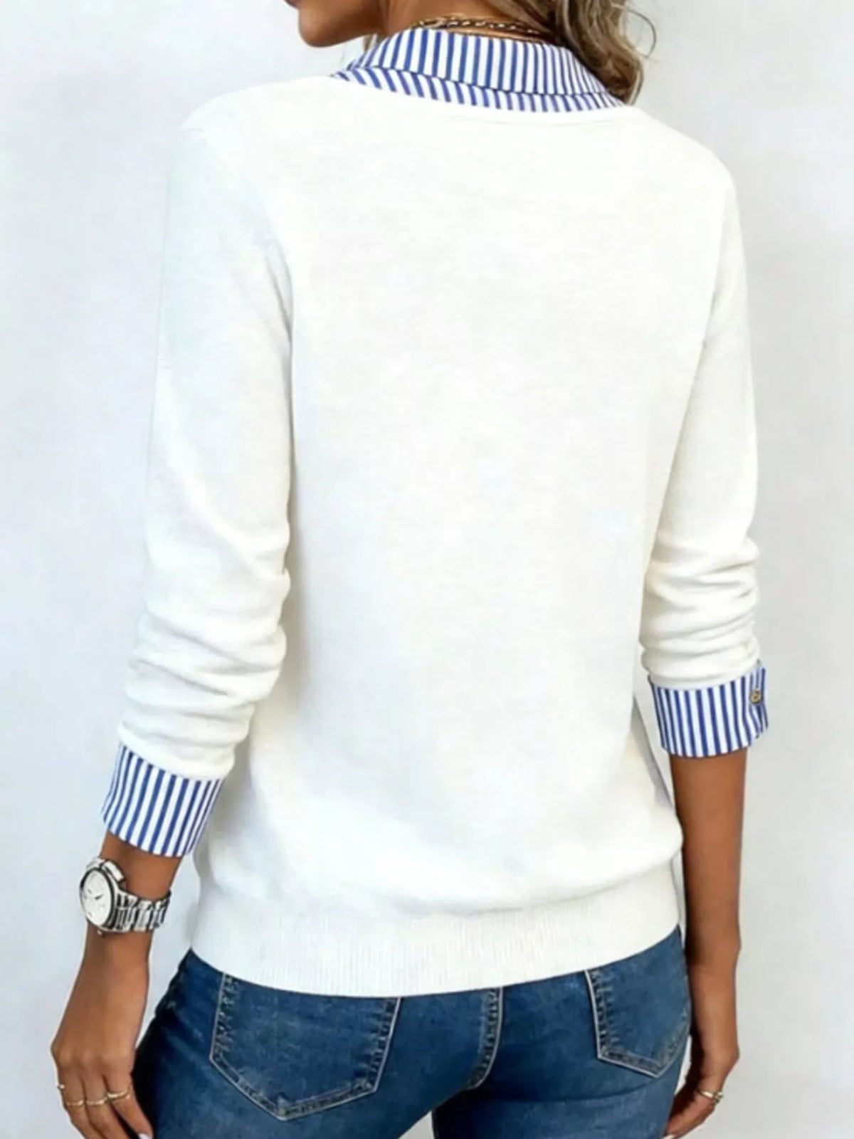Layered Look Striped Collar Long Sleeve Top