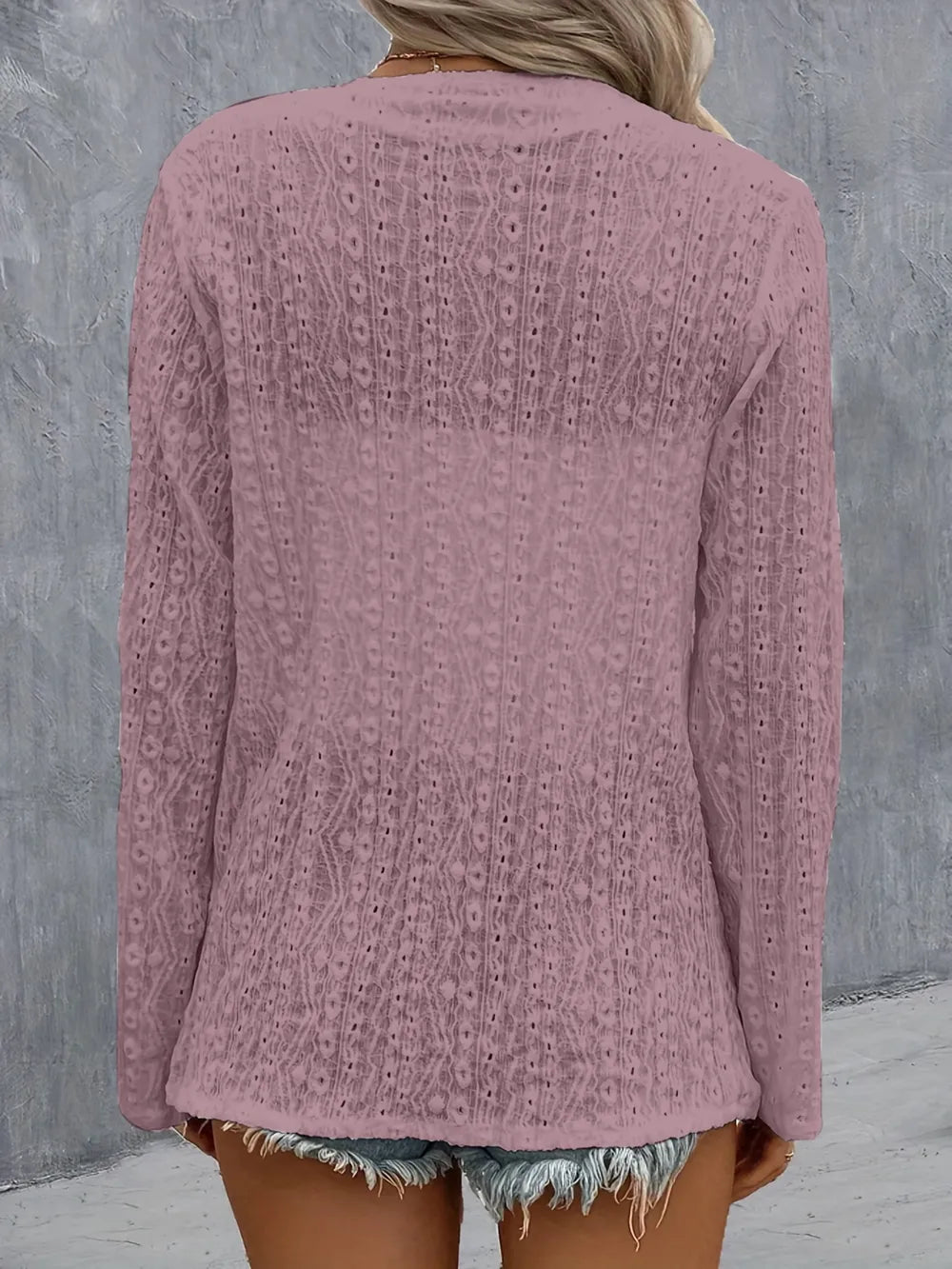 Eyelet Roll-Tab Sleeve Cardigan - Lilixa.store