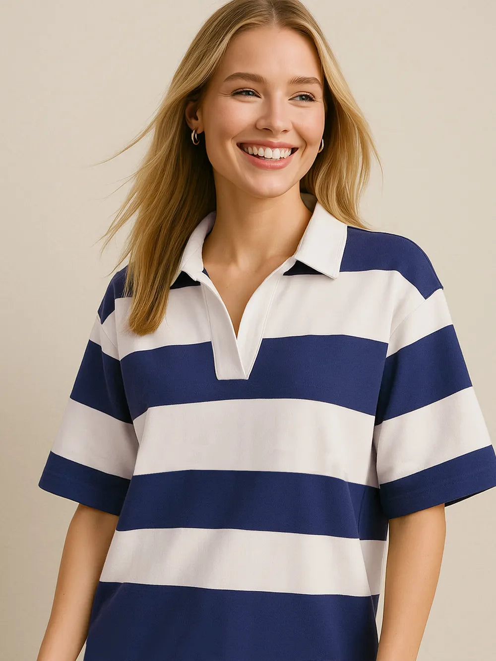 Oh Pima Cotton Wash Color Block Johnny Collar Half Sleeve Top in Dusty Blue, view 4