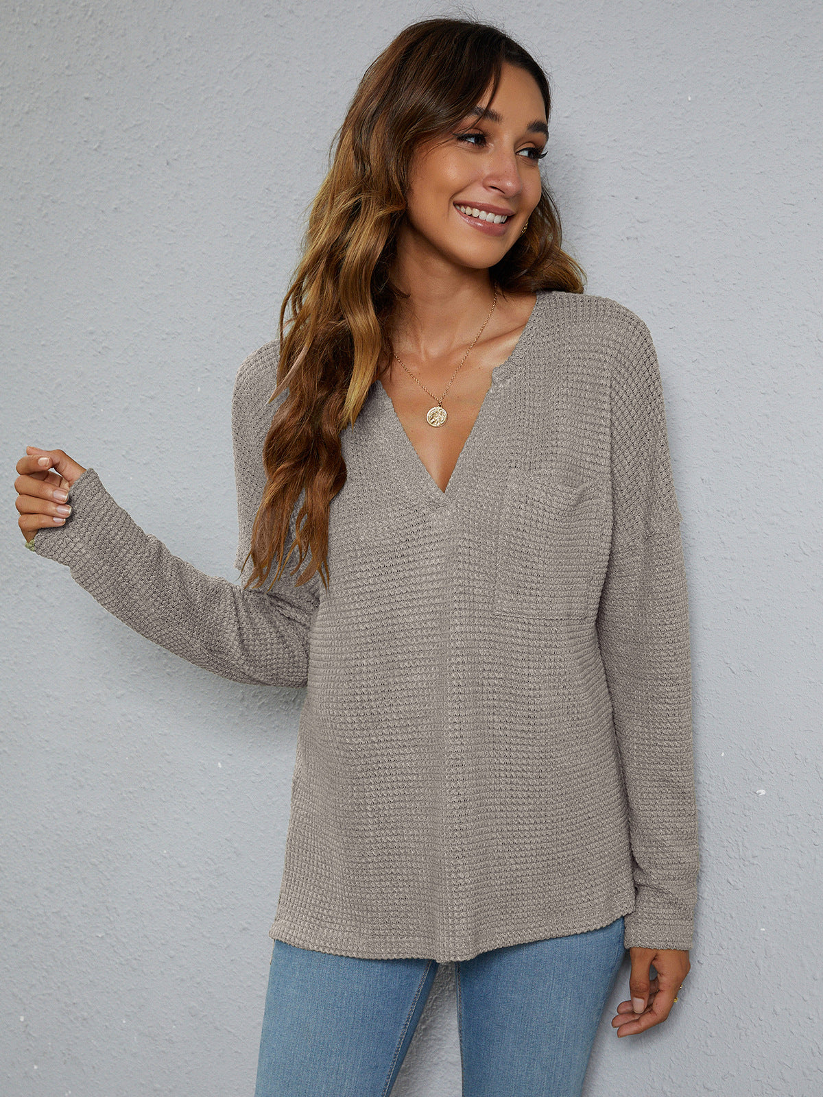Dropped Shoulder High-Low Waffle-Knit Top, view 8