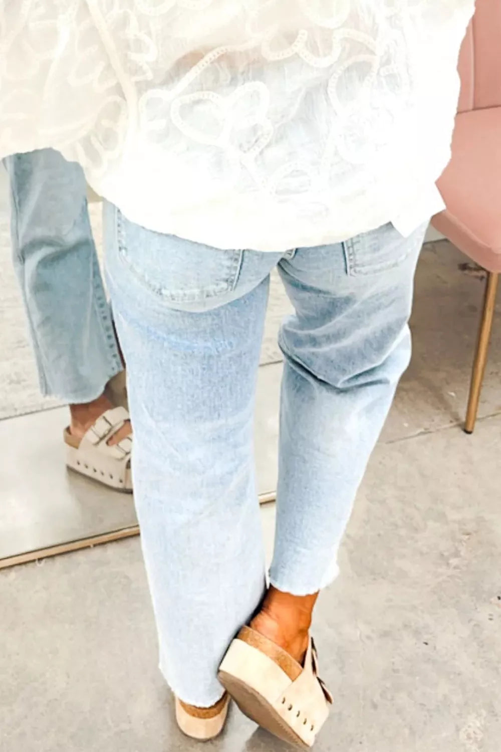 Sequin Turkey Patch Pocket Raw Hem Ankle Length Jeans in Light Blue, view 3