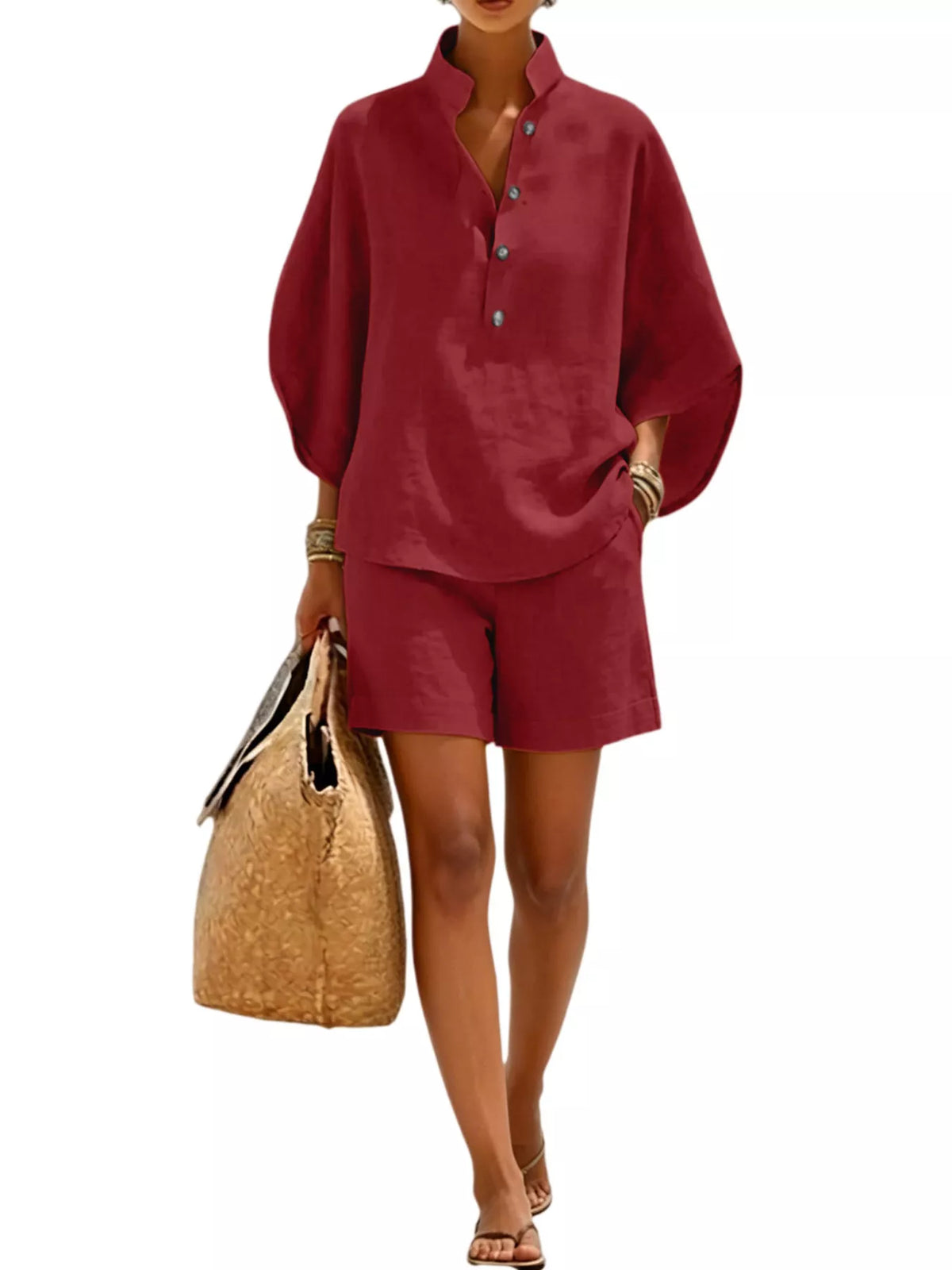 Full Size Button Detail Loose Fit Top and Shorts Set Plus Size