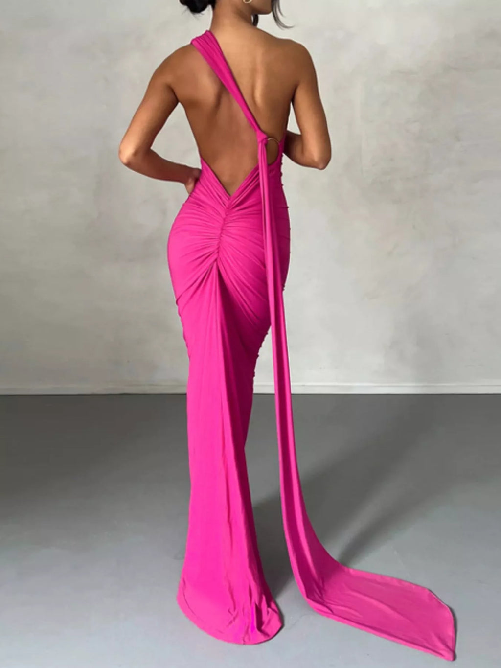 Backless One-Shoulder Ruched Bodycon Maxi Dress - Lilixa.store