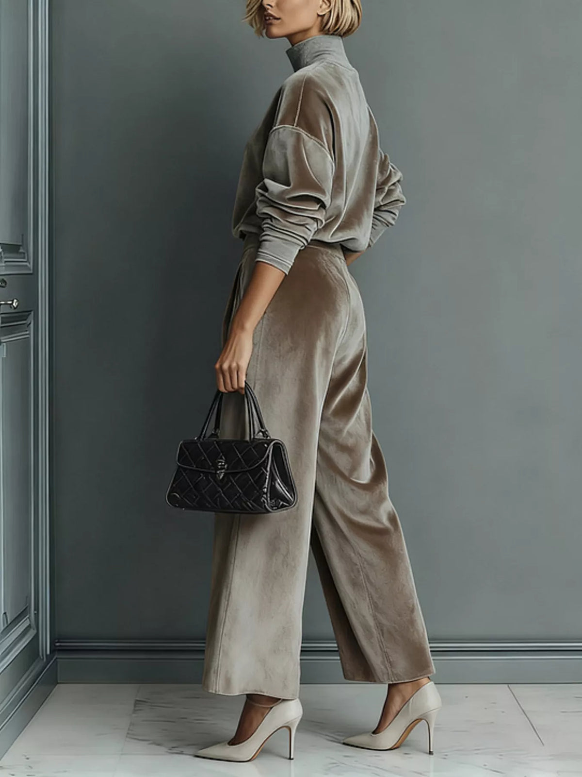 Full Size Elegant Velvet Mock Neck Long Sleeve Top and Wide-Leg Pants Set Plus Size, view 3