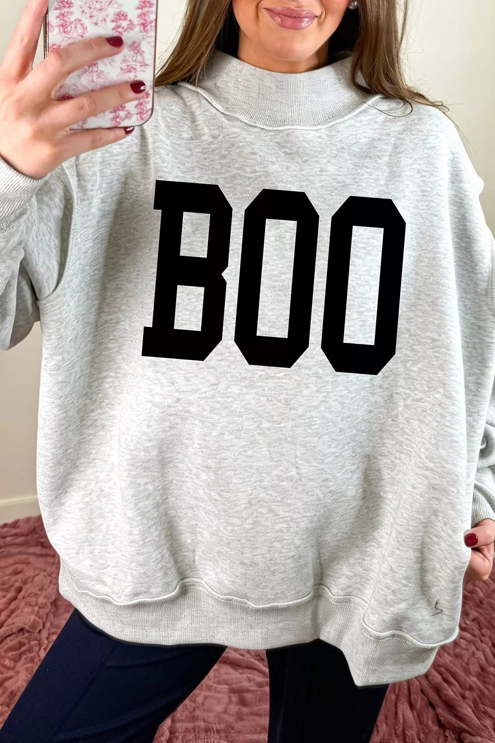 Halloween BOO & Bat Printed Reversible Mock Neck Sweatshirt - Lilixa.store