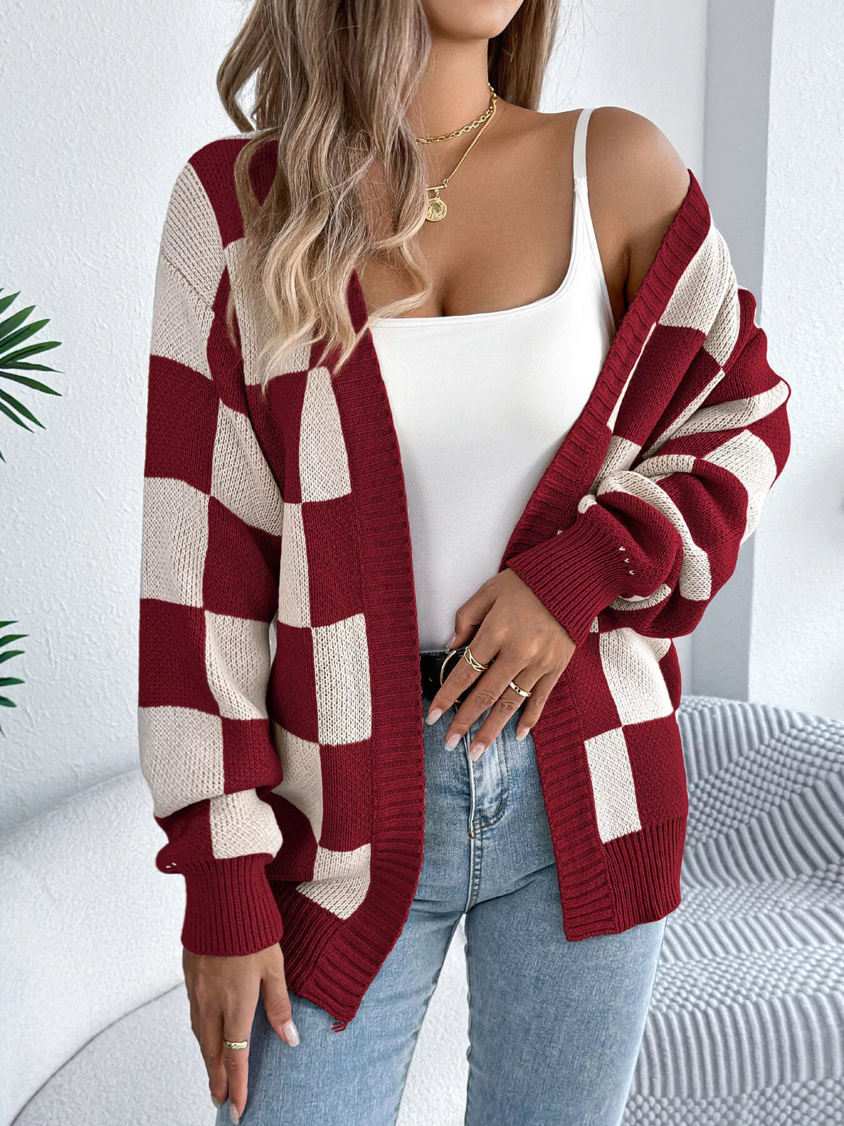 Checkerboard Pattern Open Front Knit Cardigan - Lilixa.store