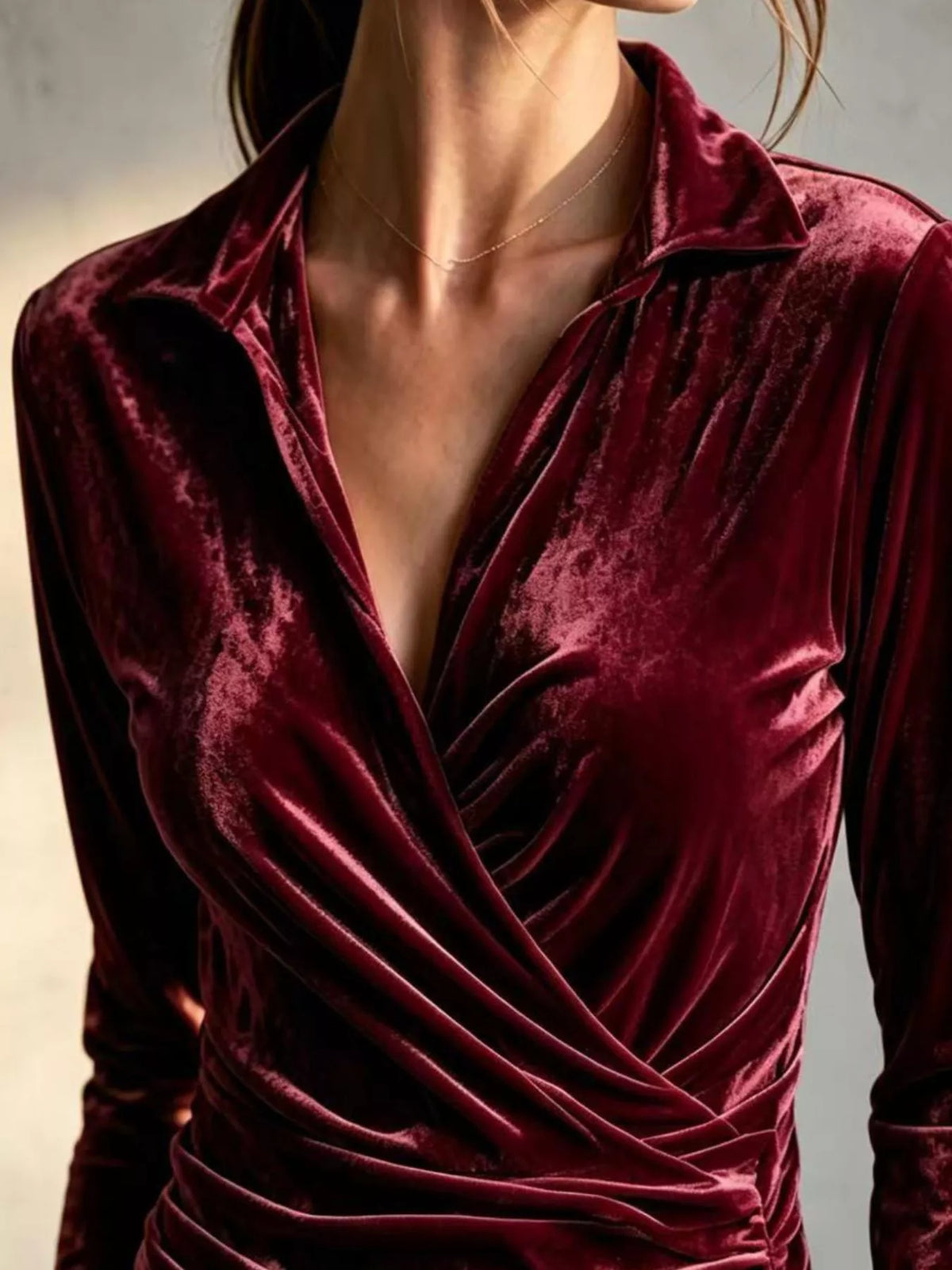 Full Size Velvet Wrap Blouse with Ruched Detail Plus Size, view 9