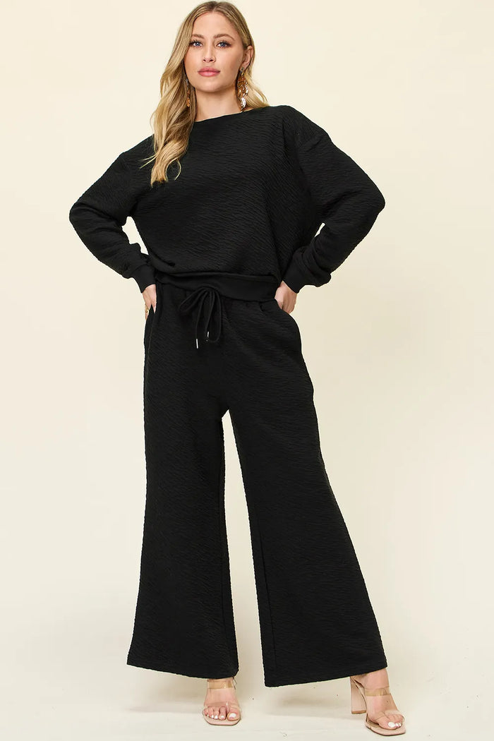 Double Take Full Size Texture Long Sleeve Top and Pants Set in Black