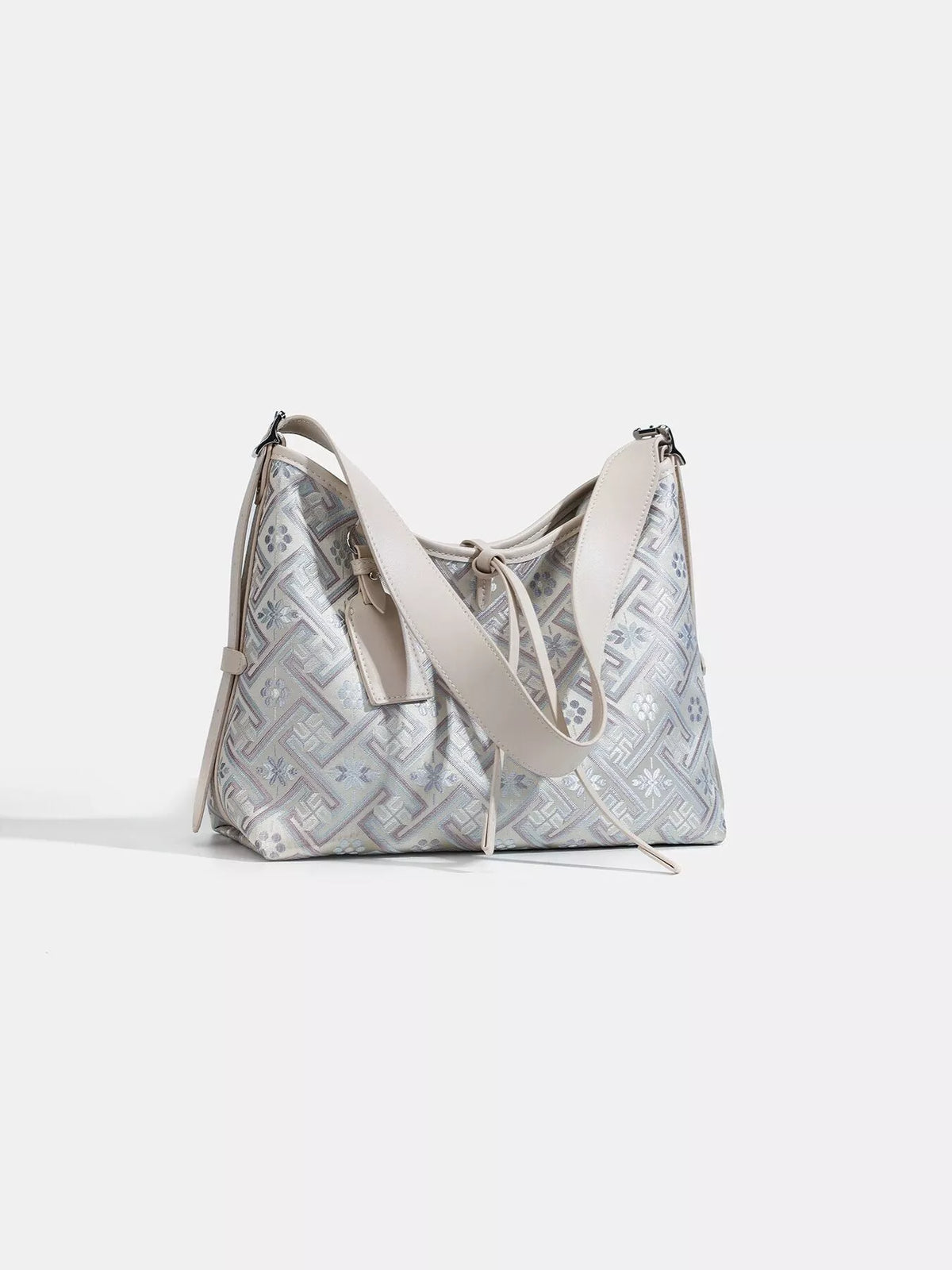 Geometric Pattern Jacquard Shoulder Bag with Adjustable Strap in Light Blue, view 5