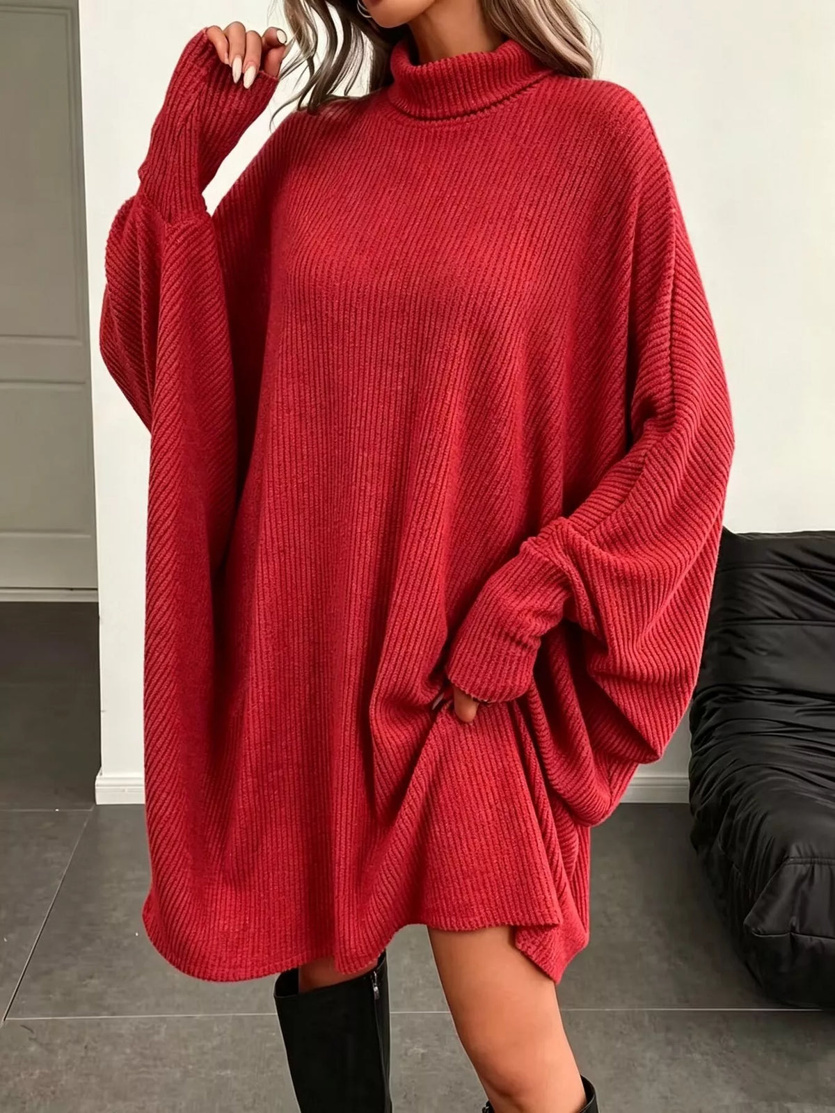 Oversized Batwing Sleeve Ribbed Knit Turtleneck Dress - Lilixa.store