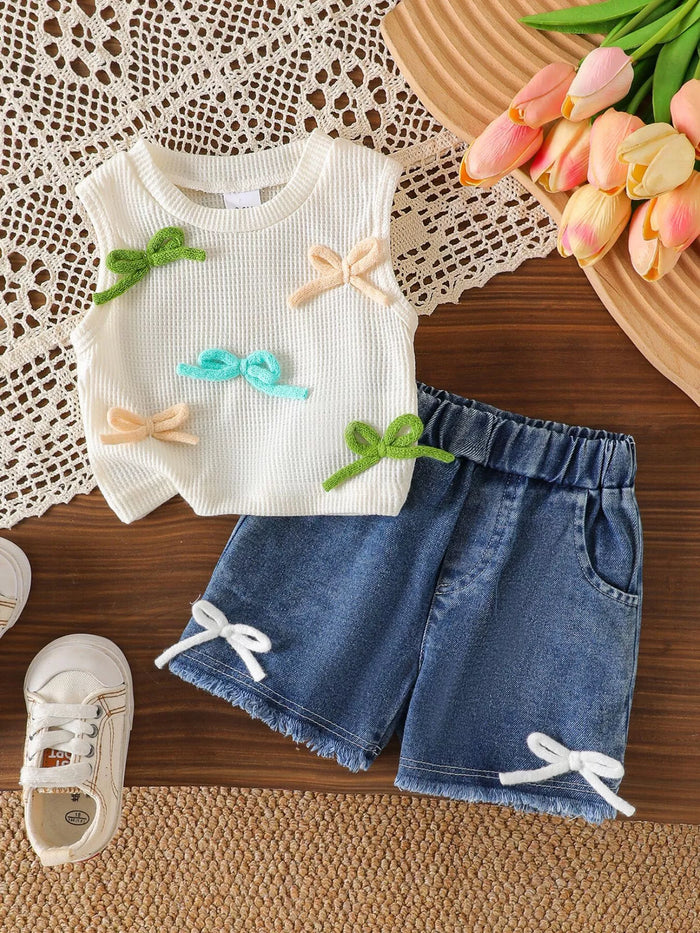 Children's Bow Tank and Denim Shorts Set - Lilixa.store